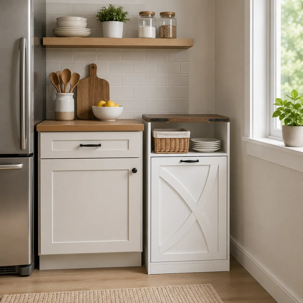38 Inch H Storage Cabinet 13 Gallon Garbage Can Holder for Kitchen, Bathroom, Living Room