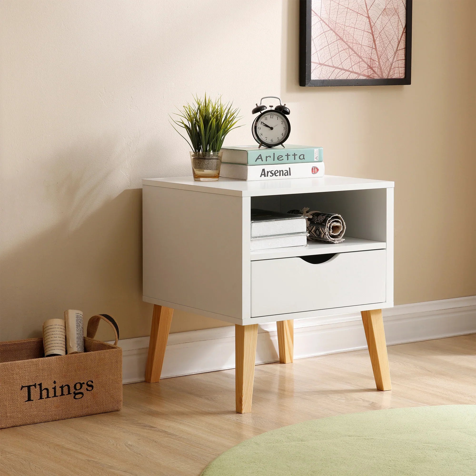 19" Jeff White End Table with Drawer and Shelf for Bedroom, Minimalist Sofa