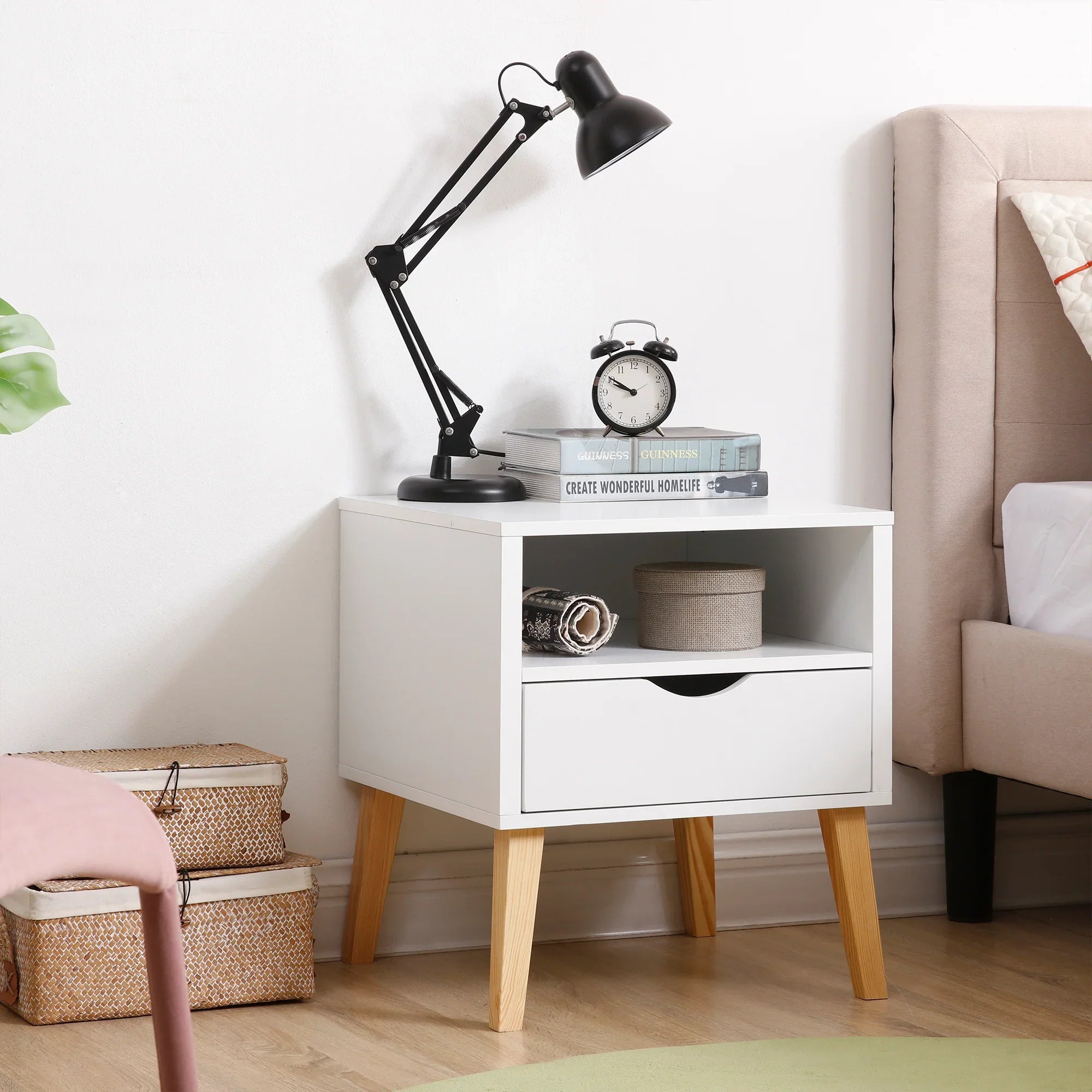 19" Jeff White End Table with Drawer and Shelf for Bedroom, Minimalist Sofa