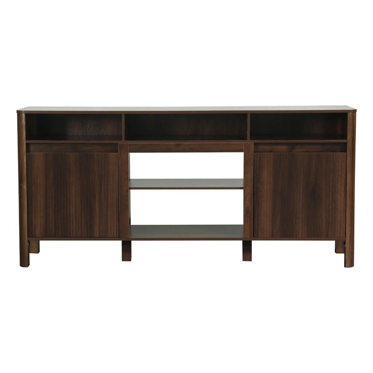 Dark walnut wood TV stand with open shelving and two side cabinets