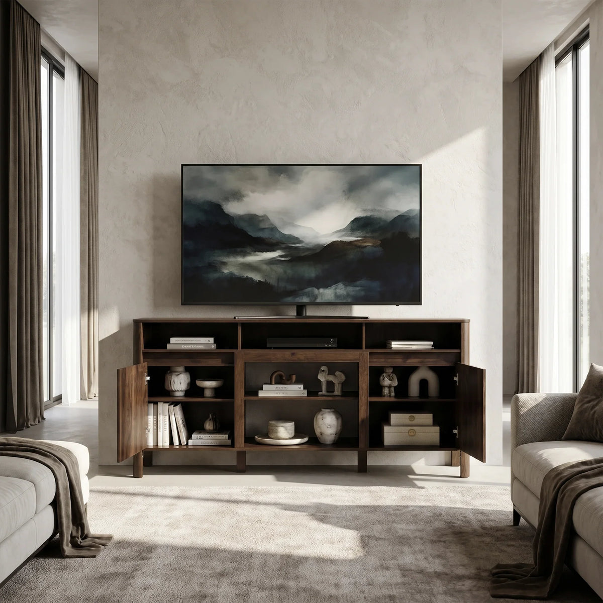 Modern wooden TV stand with decorative accessories in a minimalist living room