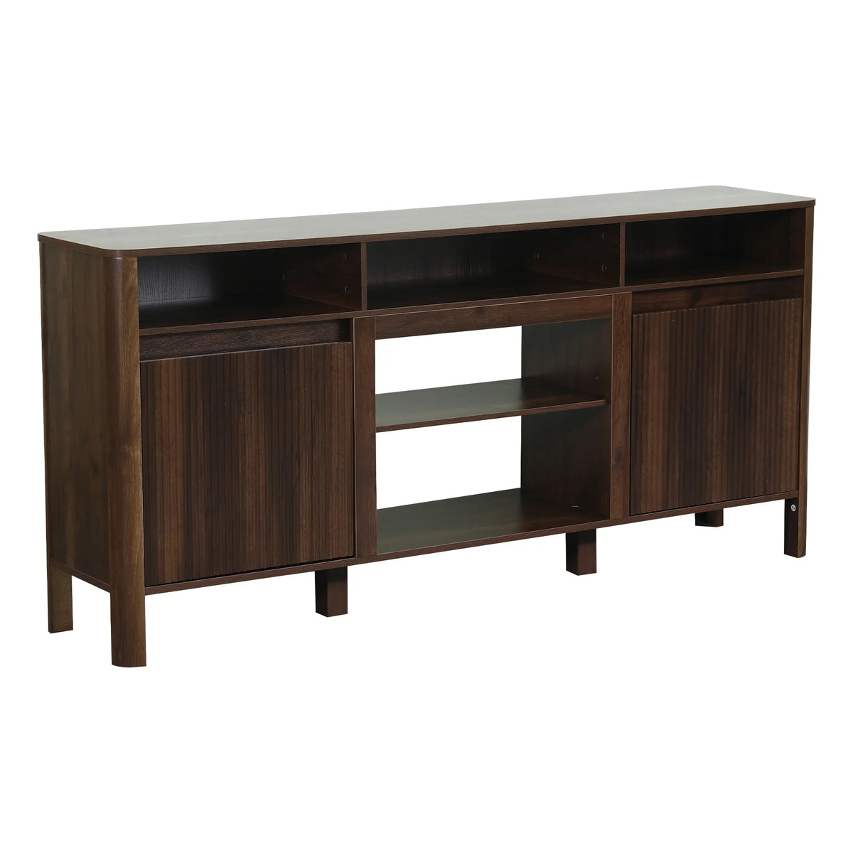 Dark walnut wood TV stand with open shelving and two side cabinets