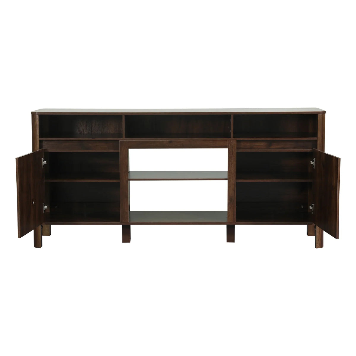 Dark wood mid-century modern TV stand with open shelving and side cabinet doors open