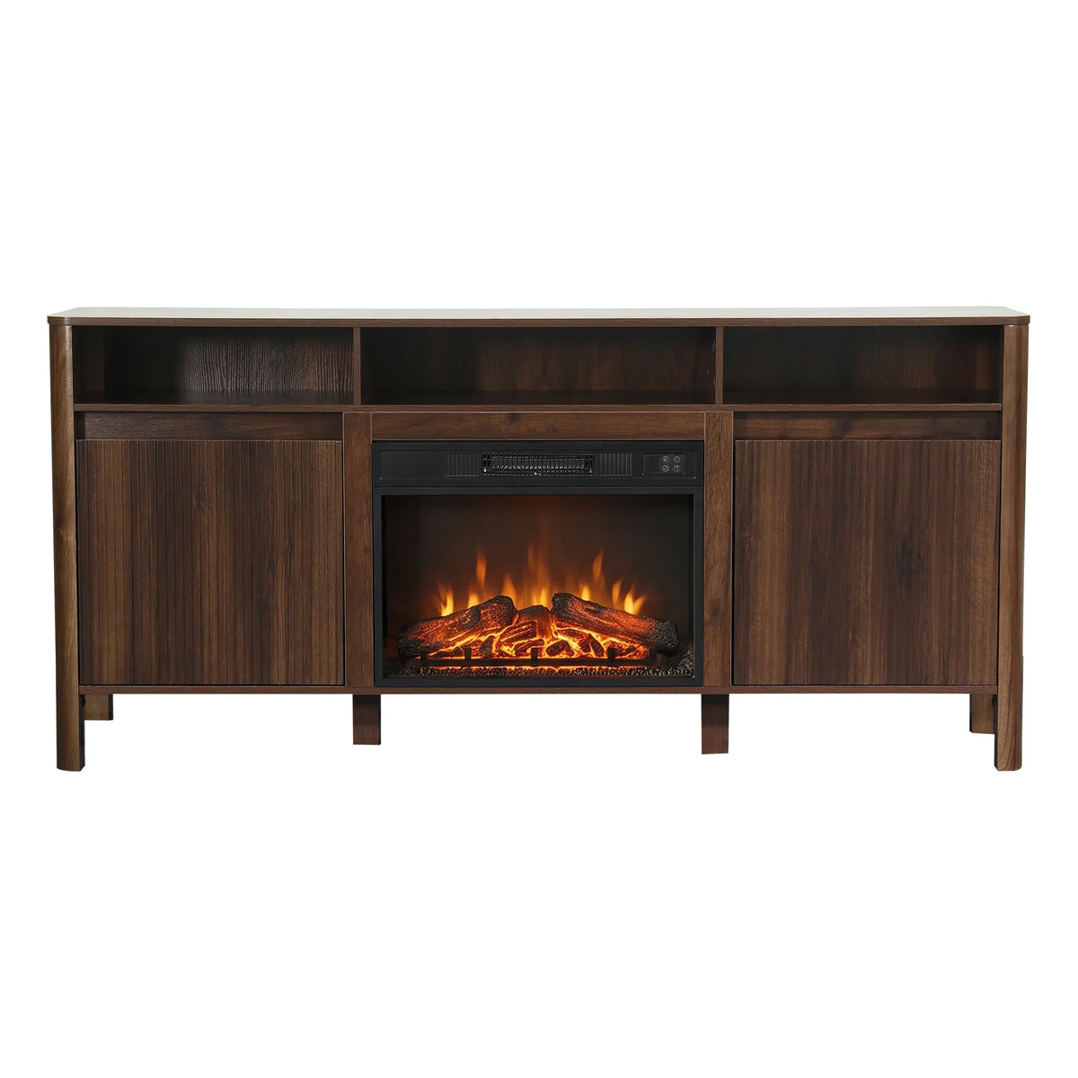 Dark walnut wood TV stand with an integrated electric fireplace and storage cabinets