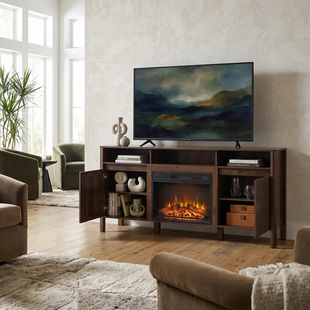Modern dark wood TV stand with integrated electric fireplace and storage cabinets