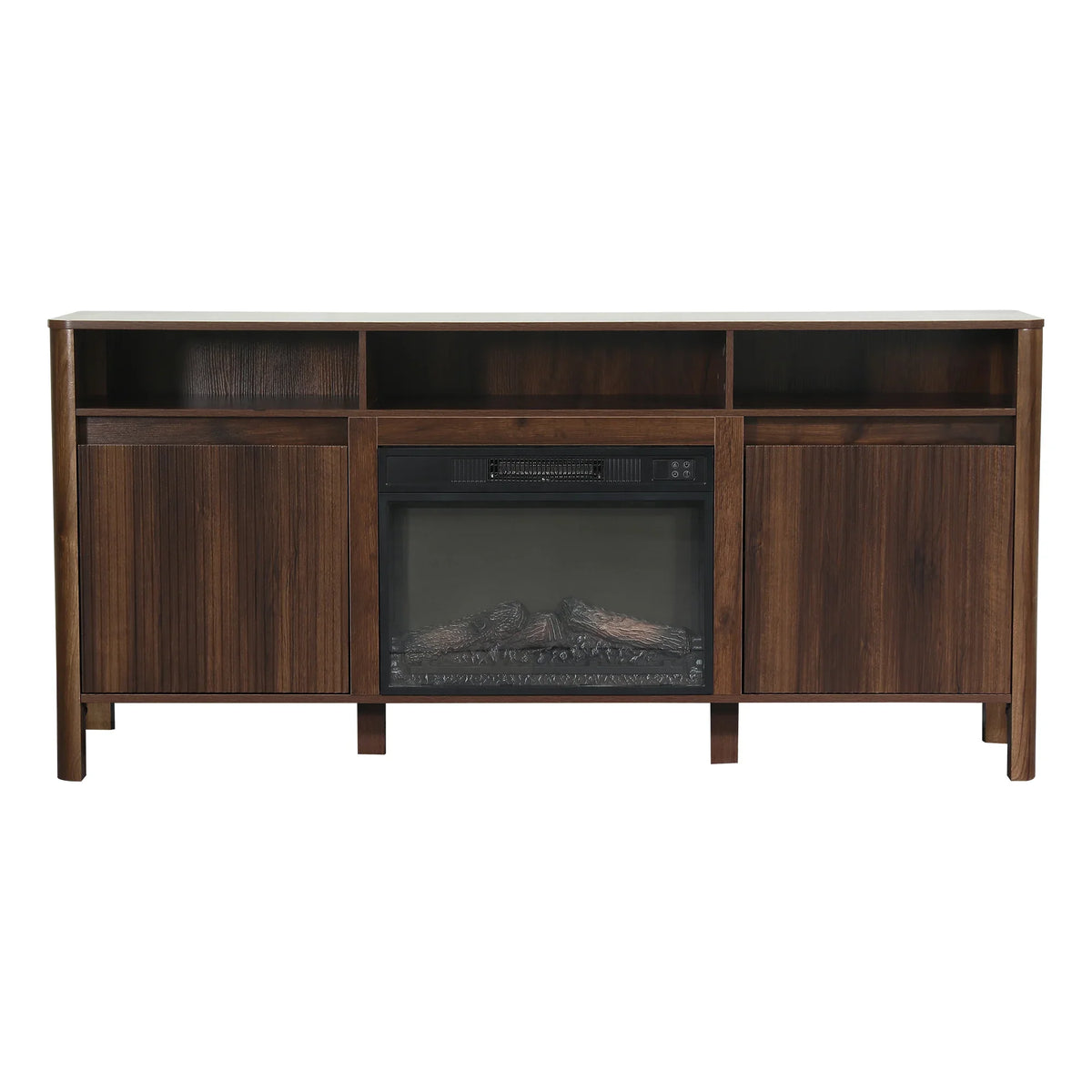 Mid-century modern dark walnut TV stand with integrated electric fireplace