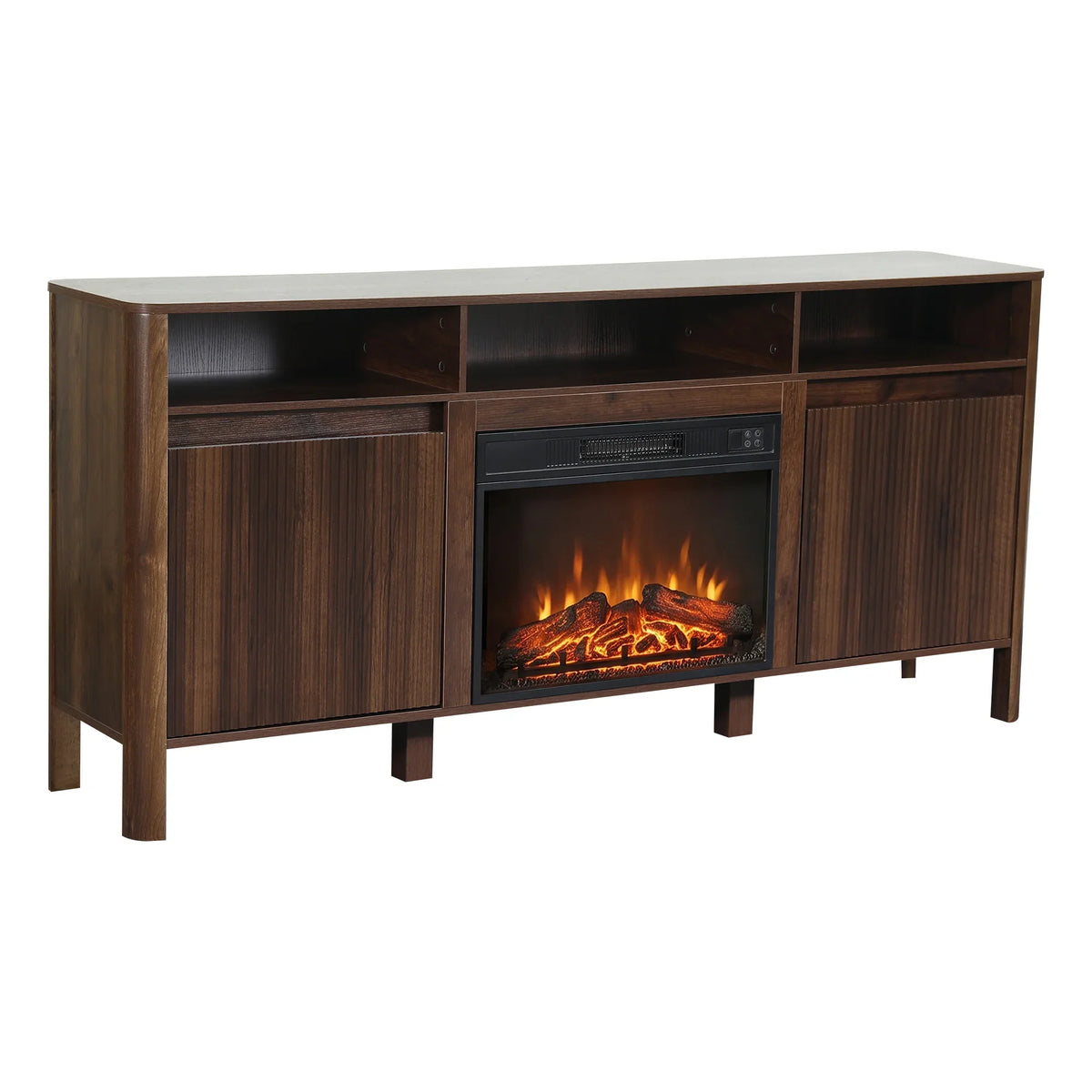 Dark wood TV stand with integrated electric fireplace and side cabinets