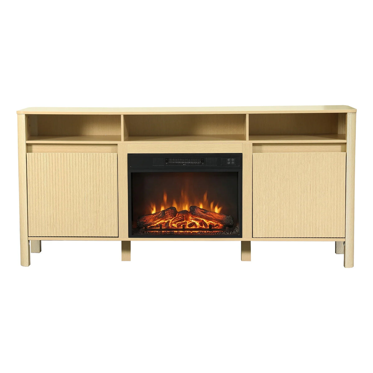 Light wood TV stand with built-in electric fireplace and storage cabinets
