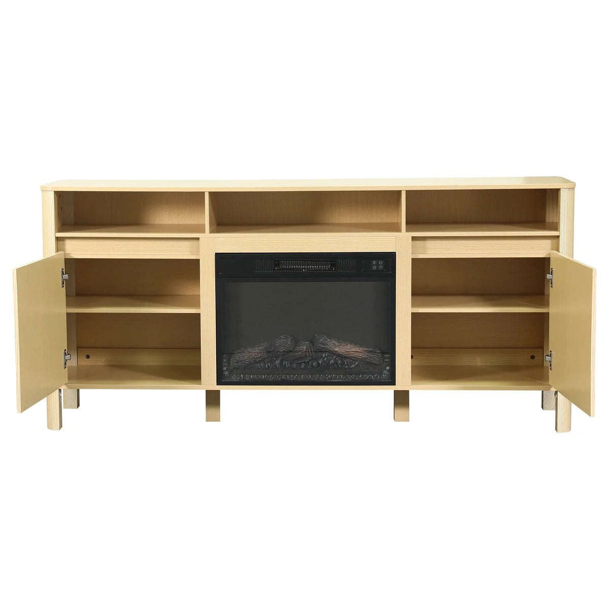 Light wood TV stand with built-in electric fireplace and open storage cabinets