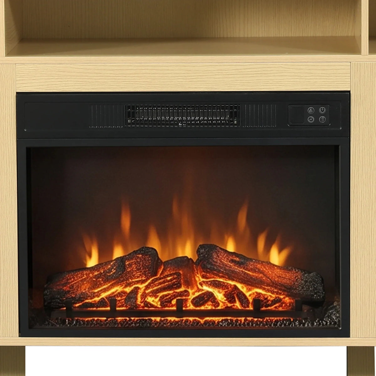 Electric fireplace insert with glowing logs and flame effect built into a light wood cabinet