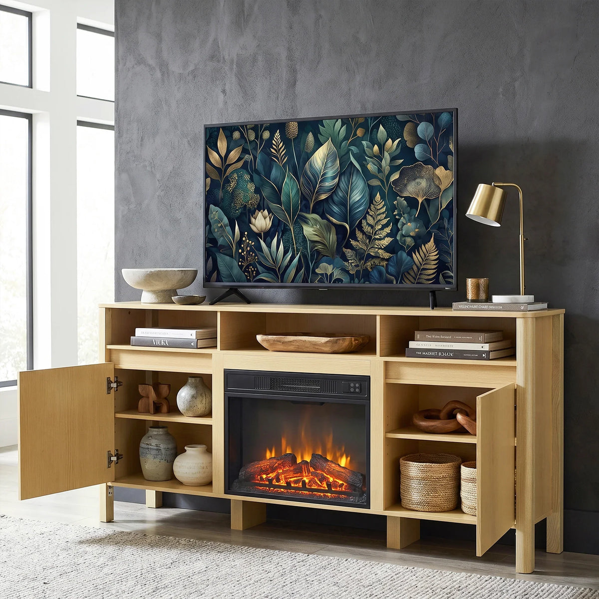 Modern light wood TV stand with built-in electric fireplace and gold table lamp