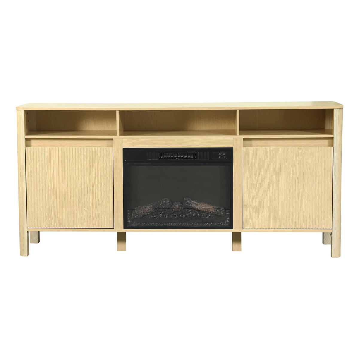 Light wood TV stand with built-in electric fireplace and storage cabinets