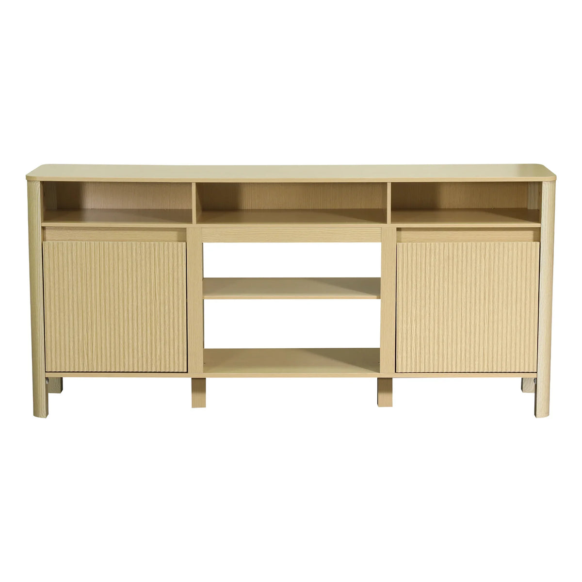 Modern light wood TV stand with open shelving and two slatted cabinet doors