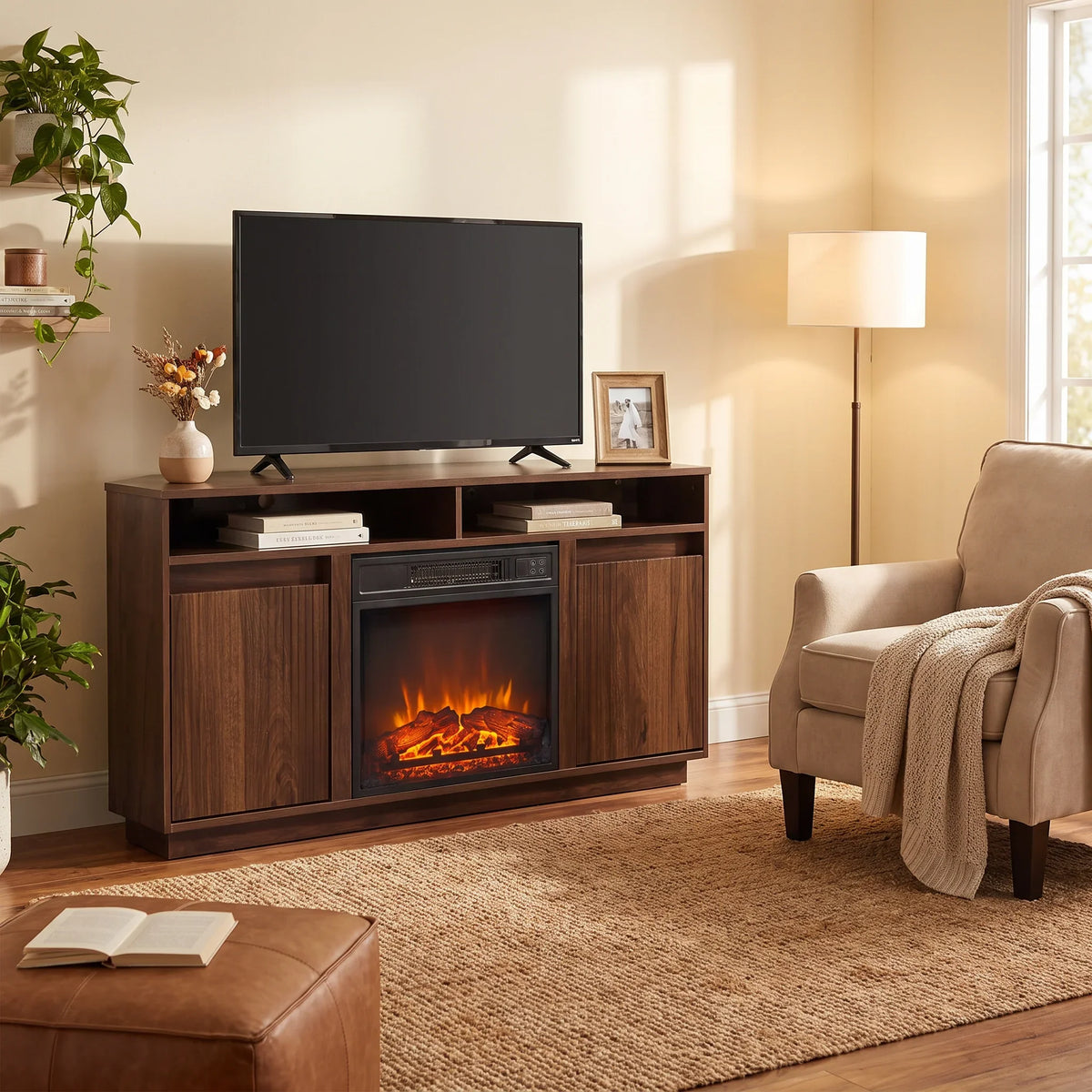 Modern dark wood media console with built-in electric fireplace and TV stand.