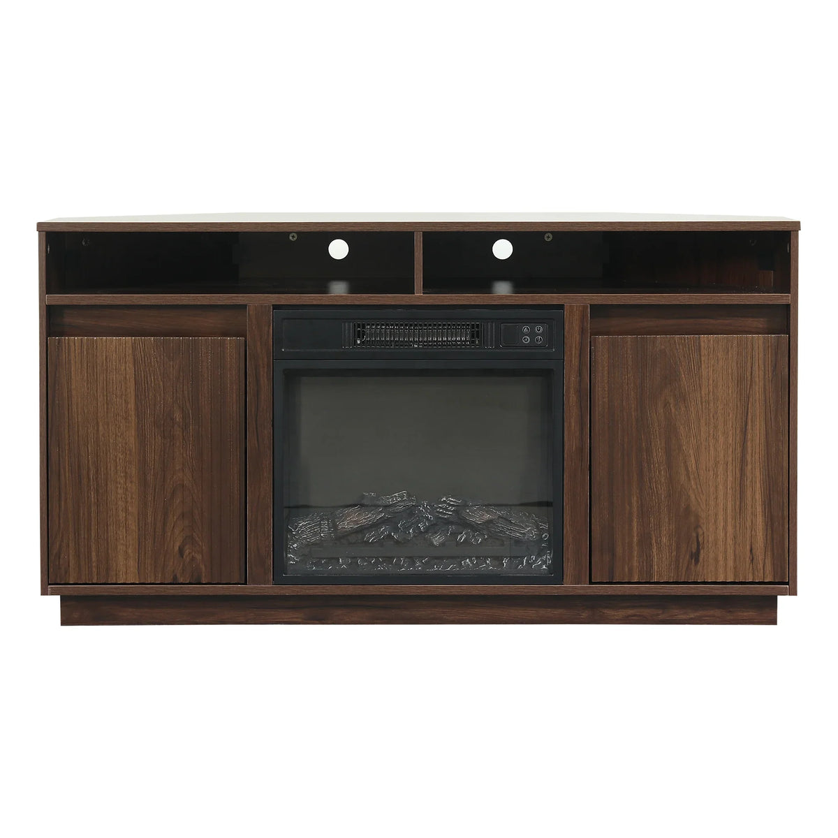 Dark walnut wood TV stand with an integrated electric fireplace and side cabinets