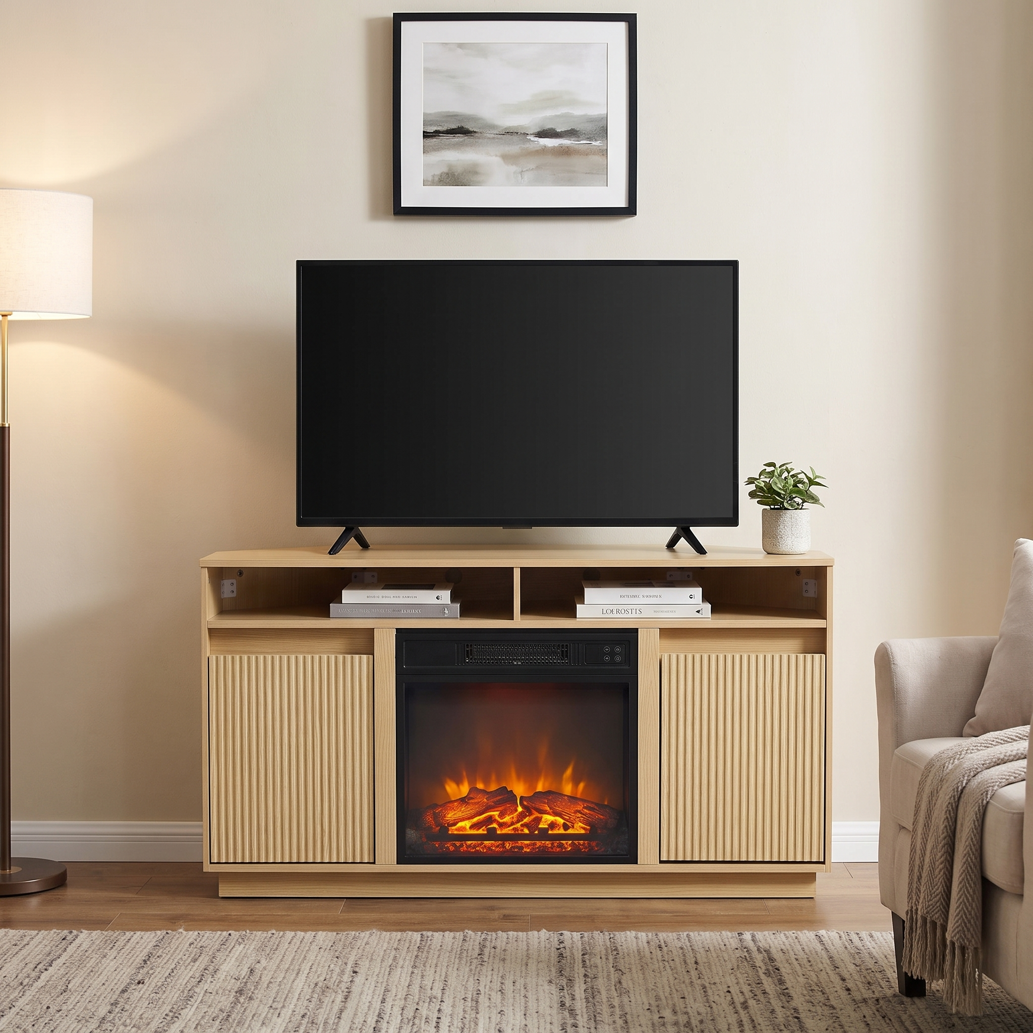 47 Inch Angled Corner Storage Cabinets TV Stand & Optional 19 Inch Electric Fireplace