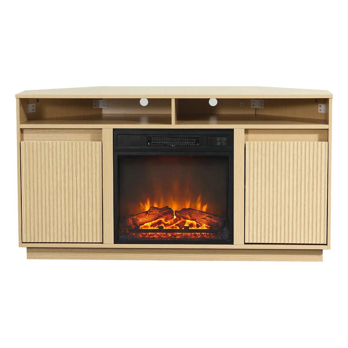 Light oak wood TV stand with integrated electric fireplace and slatted cabinet doors