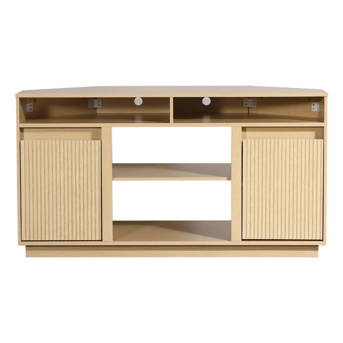 Light wood TV stand with slatted cabinet doors and open shelving