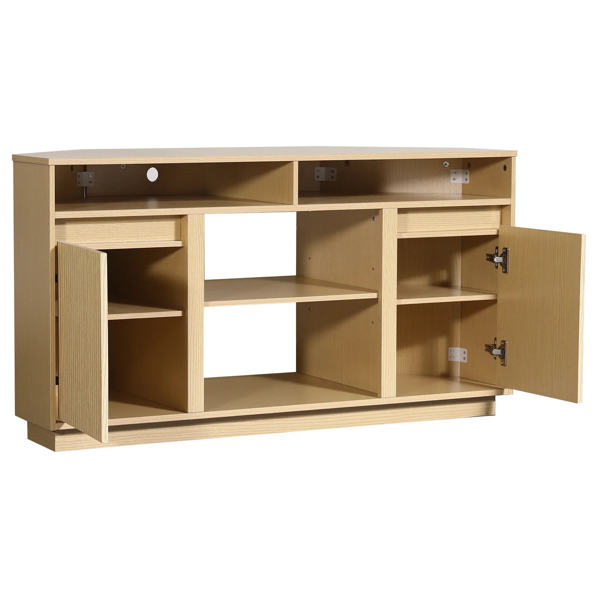 Light wood entertainment center with open shelving and two open cabinet doors