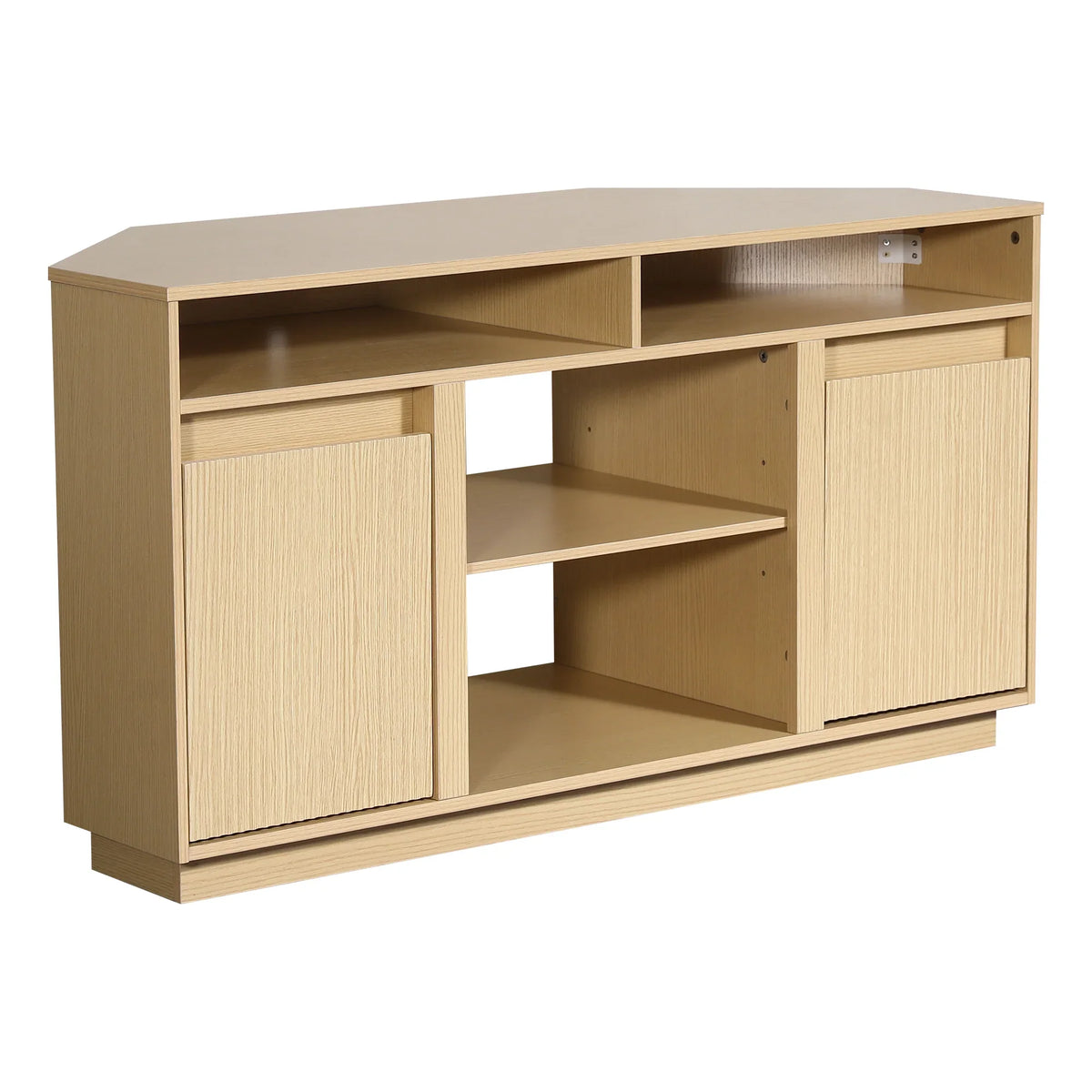 Light wood corner TV stand with open shelves and two sliding cabinet doors