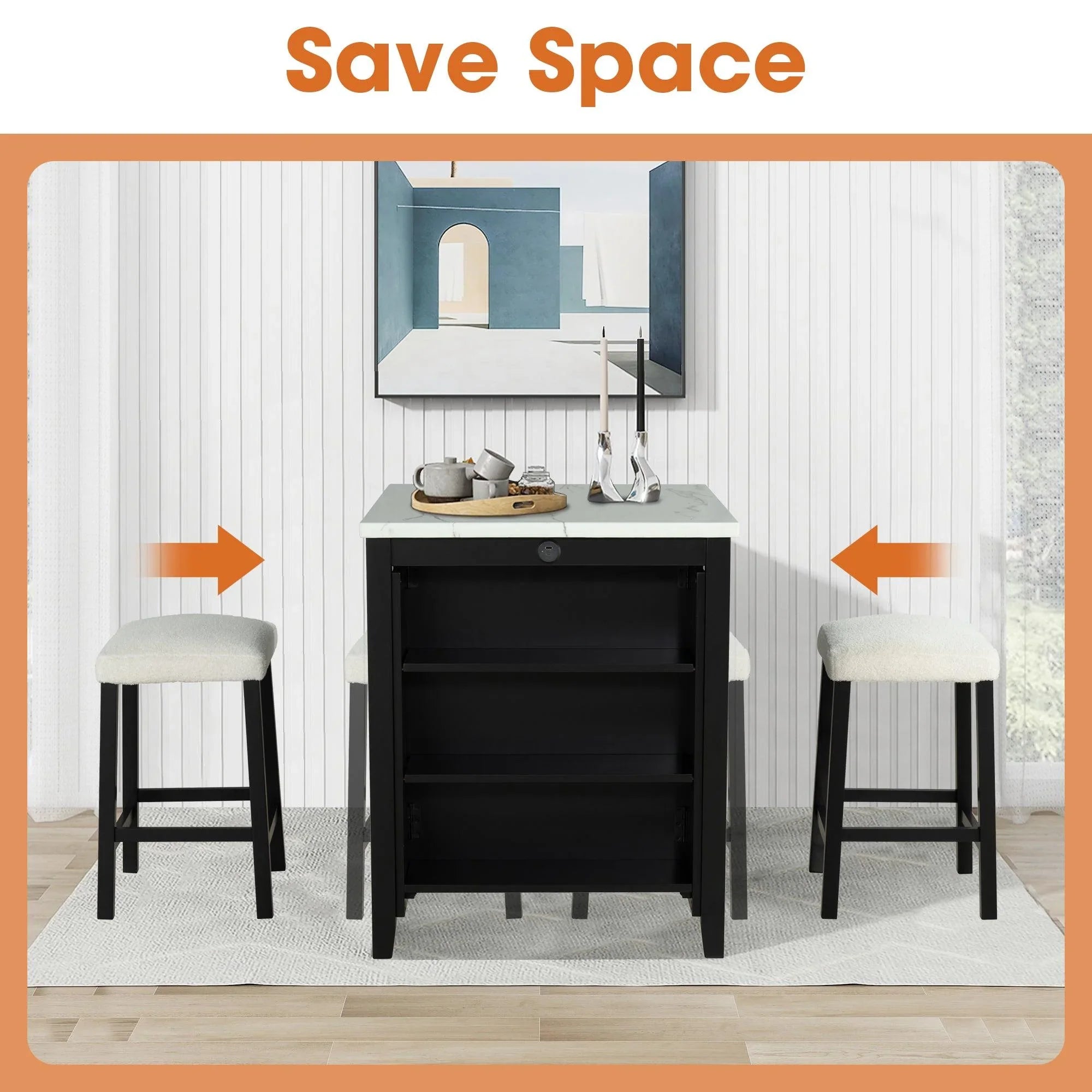 36" Modern Dining Table Set with 2 Stool, High Gloss Table Top, USB-A & USB-C Charging Ports