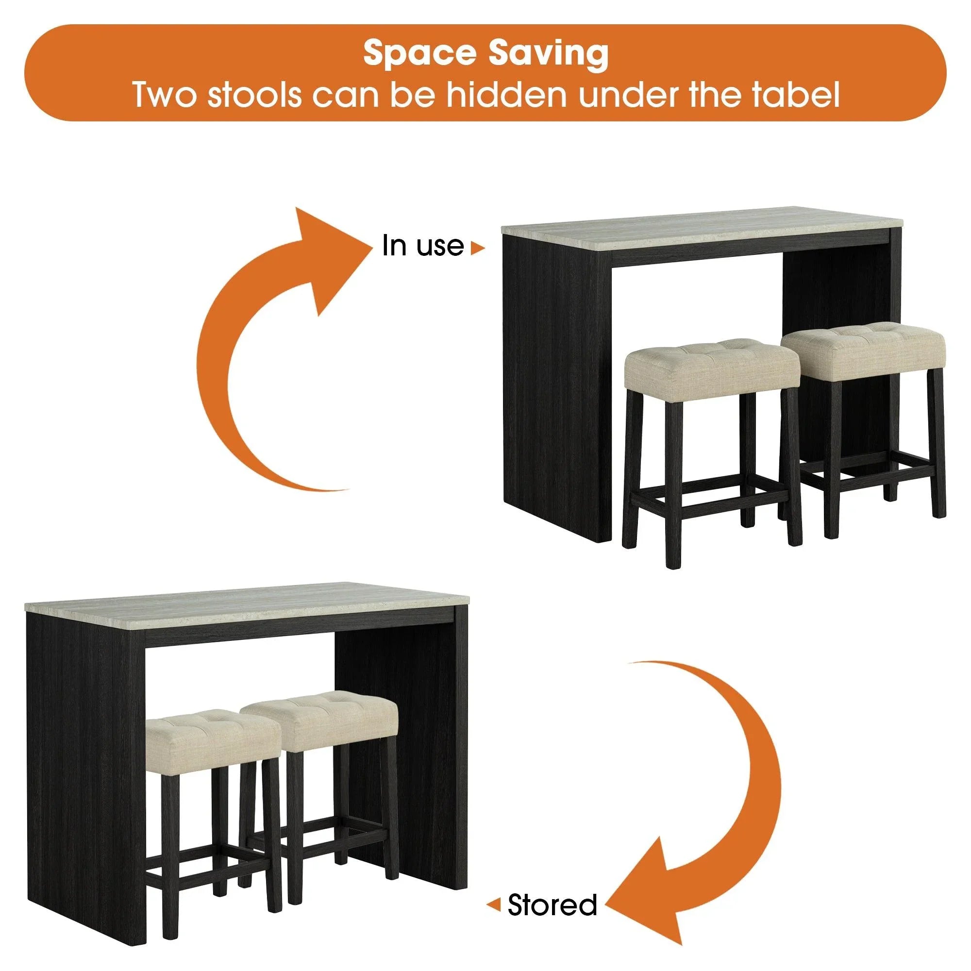48" Modern Breakfast 1 Dining Table Set with 2 Stools for Apartment, Travertine Table Top