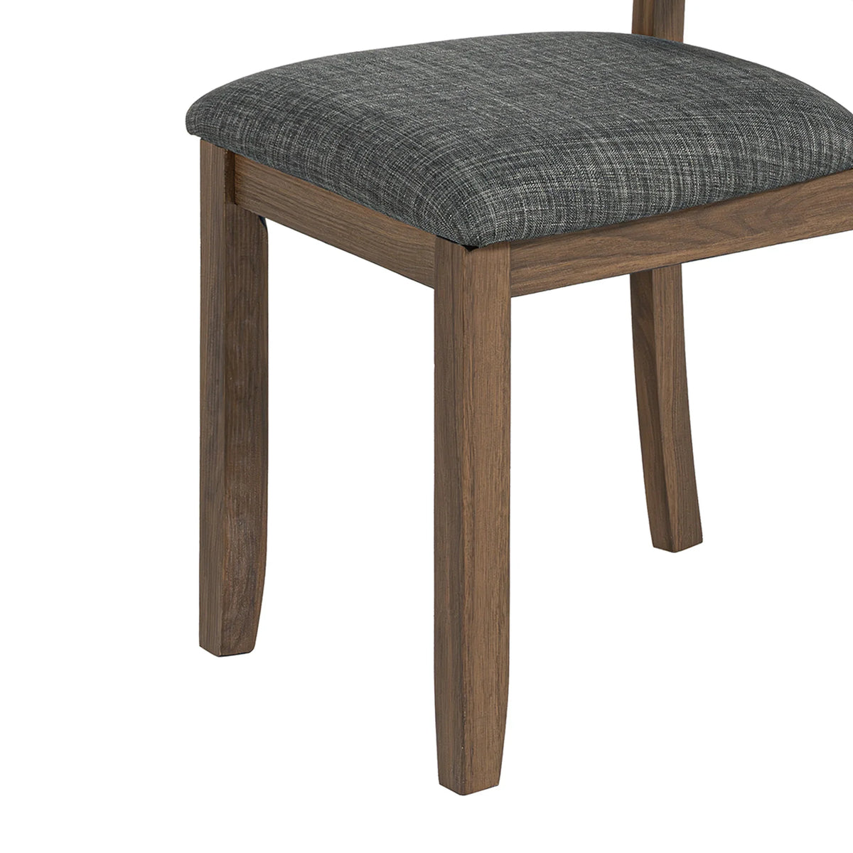 Close-up of a dining chair with a gray fabric upholstered seat and dark wood legs