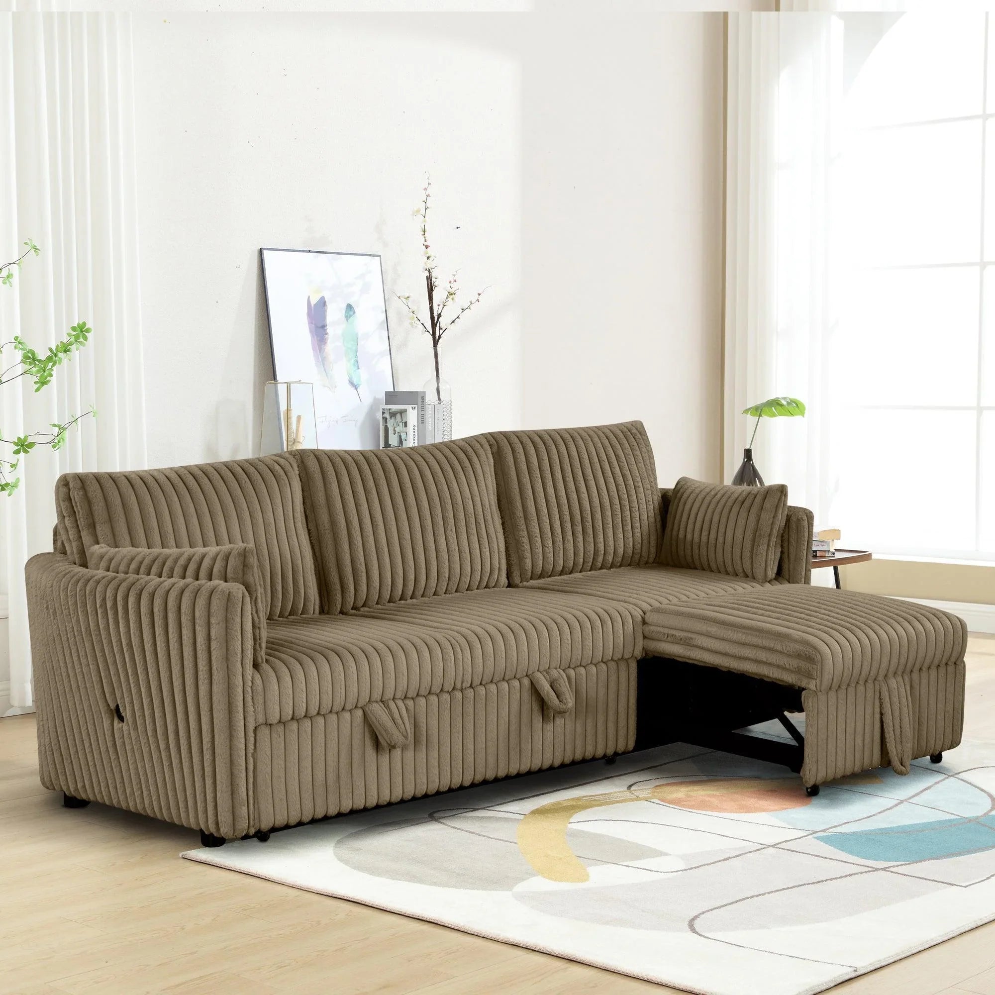 Brown Faux Fur Oversized Convertible Sleeper Sectional Sofa Couch Daybed and Chair Pull Out with 2 Pillows, USB Charging Ports for Living Room