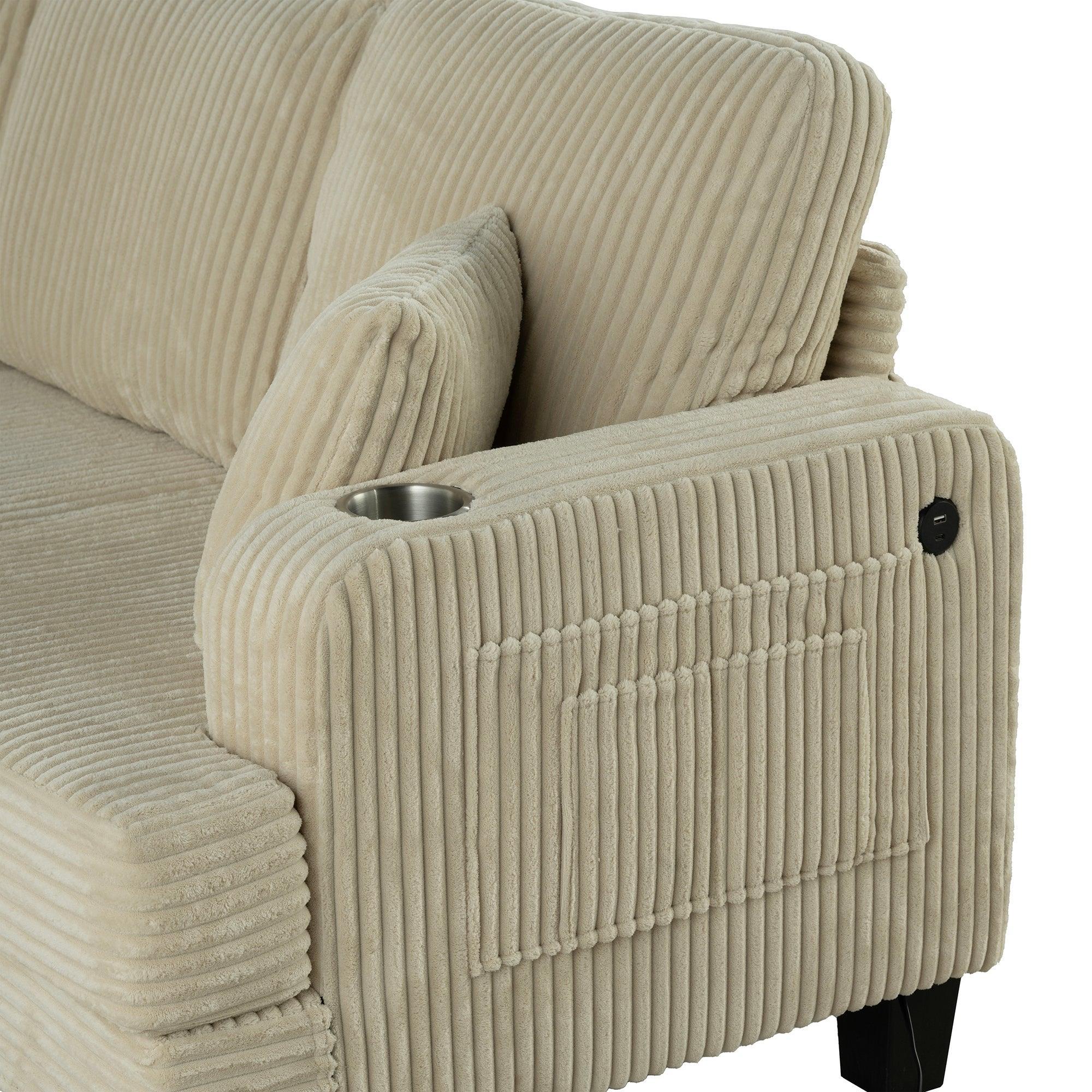Beige 3 Piece Set Comfy Sofa Couch 3-Seater & Loveseat Sofa with Storage Ottoman with USB