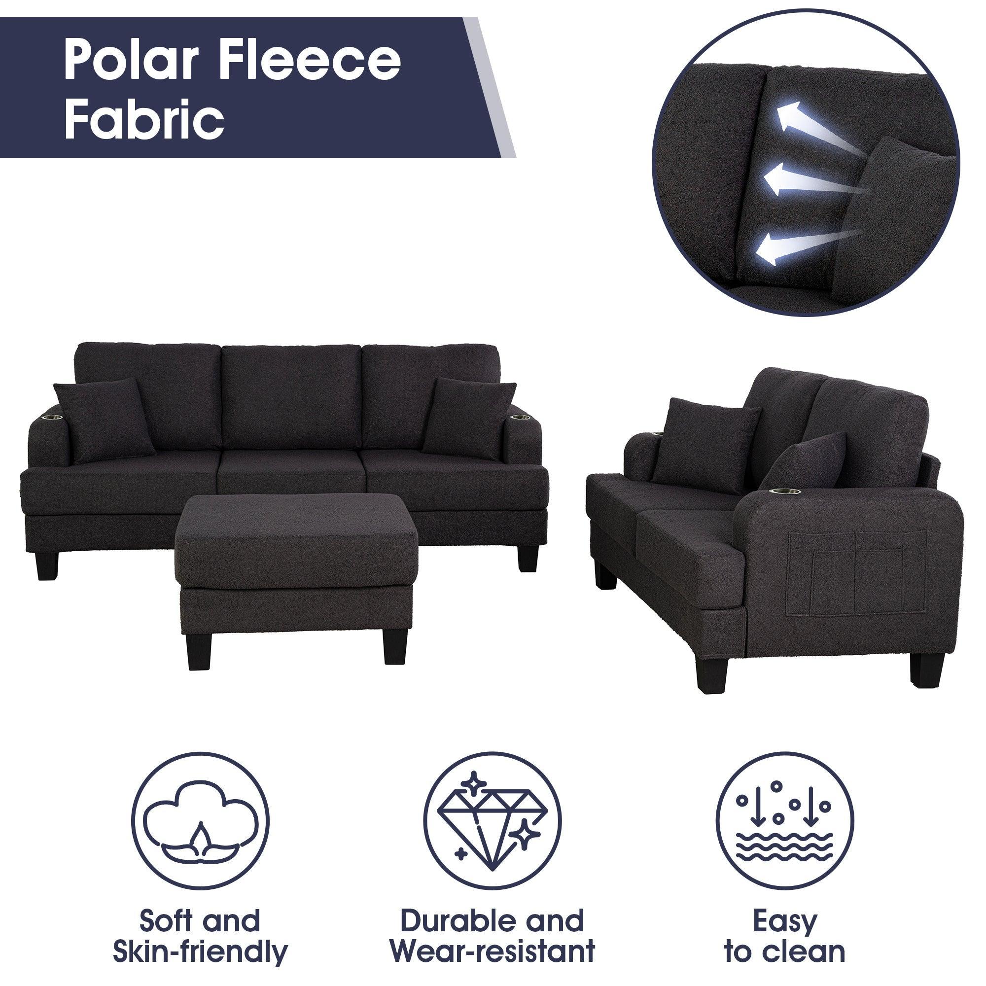 Dark Gray 3-Piece Sofa Set with Storage Ottoman & USB Charging