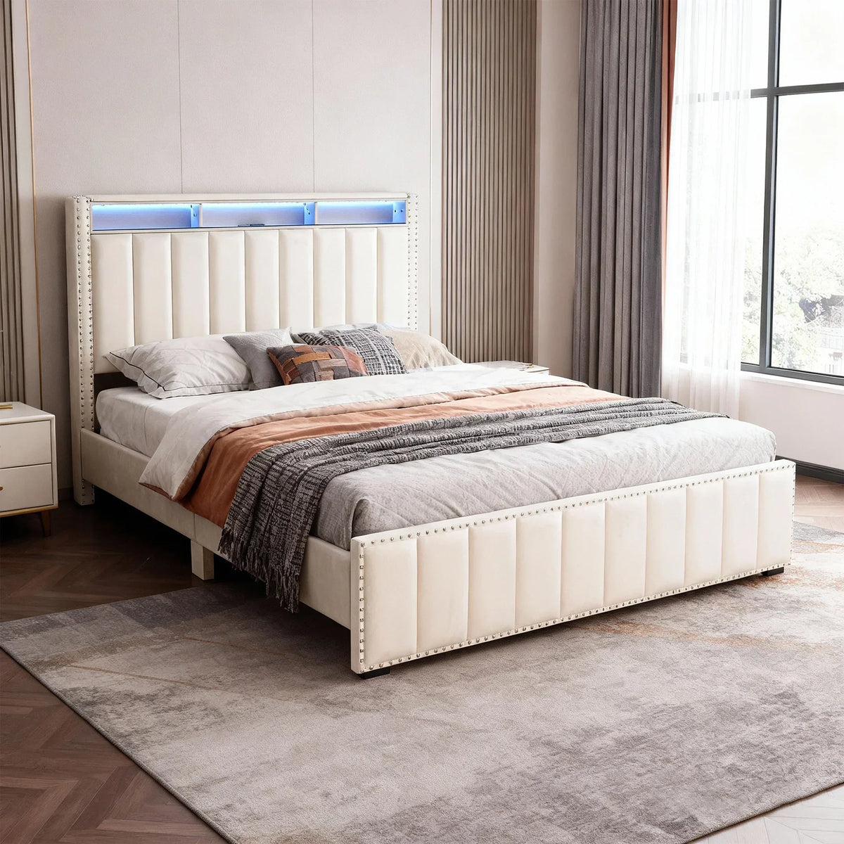 Farese Full & Queen Platform Bed Frame Storage Headboard with LED Light, No Box Spring Needed