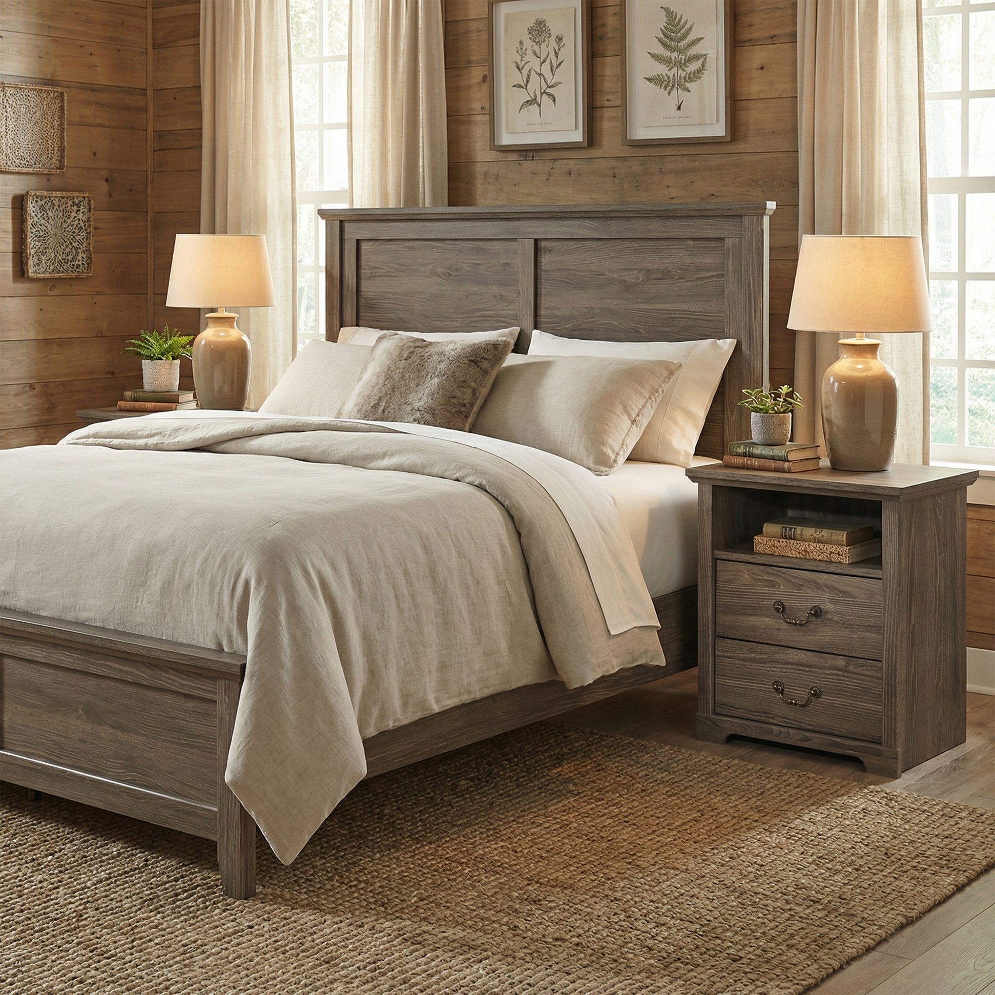 22 Inch Rustic 2-Drawer Nightstand with Open Top Shelf