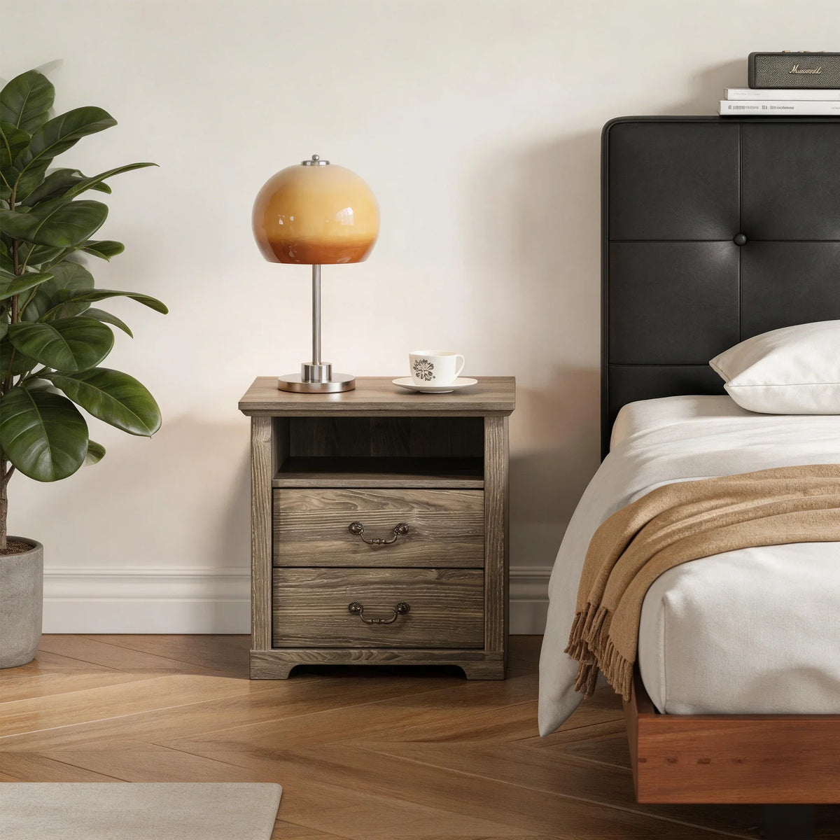 22 Inch Rustic 2-Drawer Nightstand with Open Top Shelf