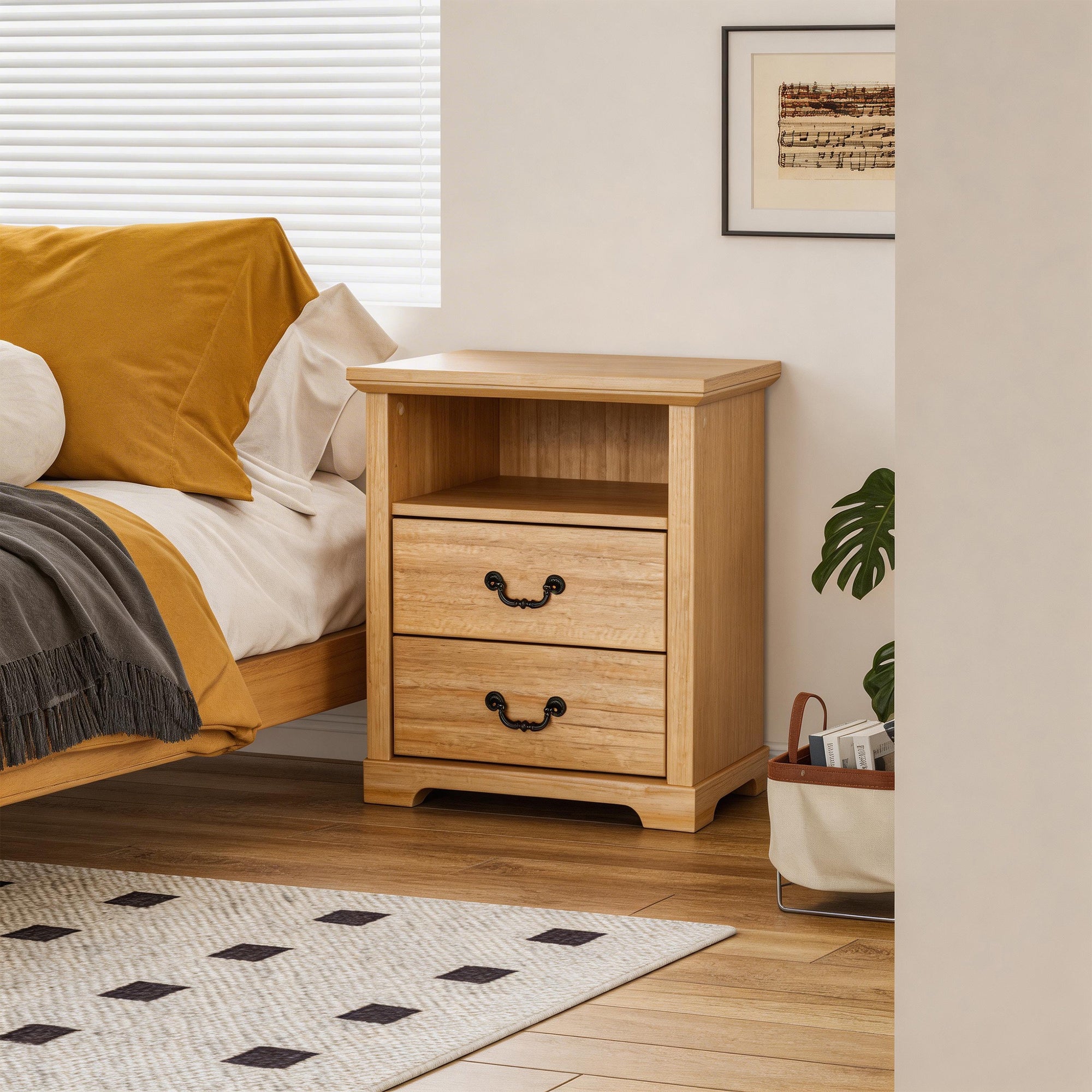 22 Inch Rustic 2-Drawer Nightstand with Open Top Shelf