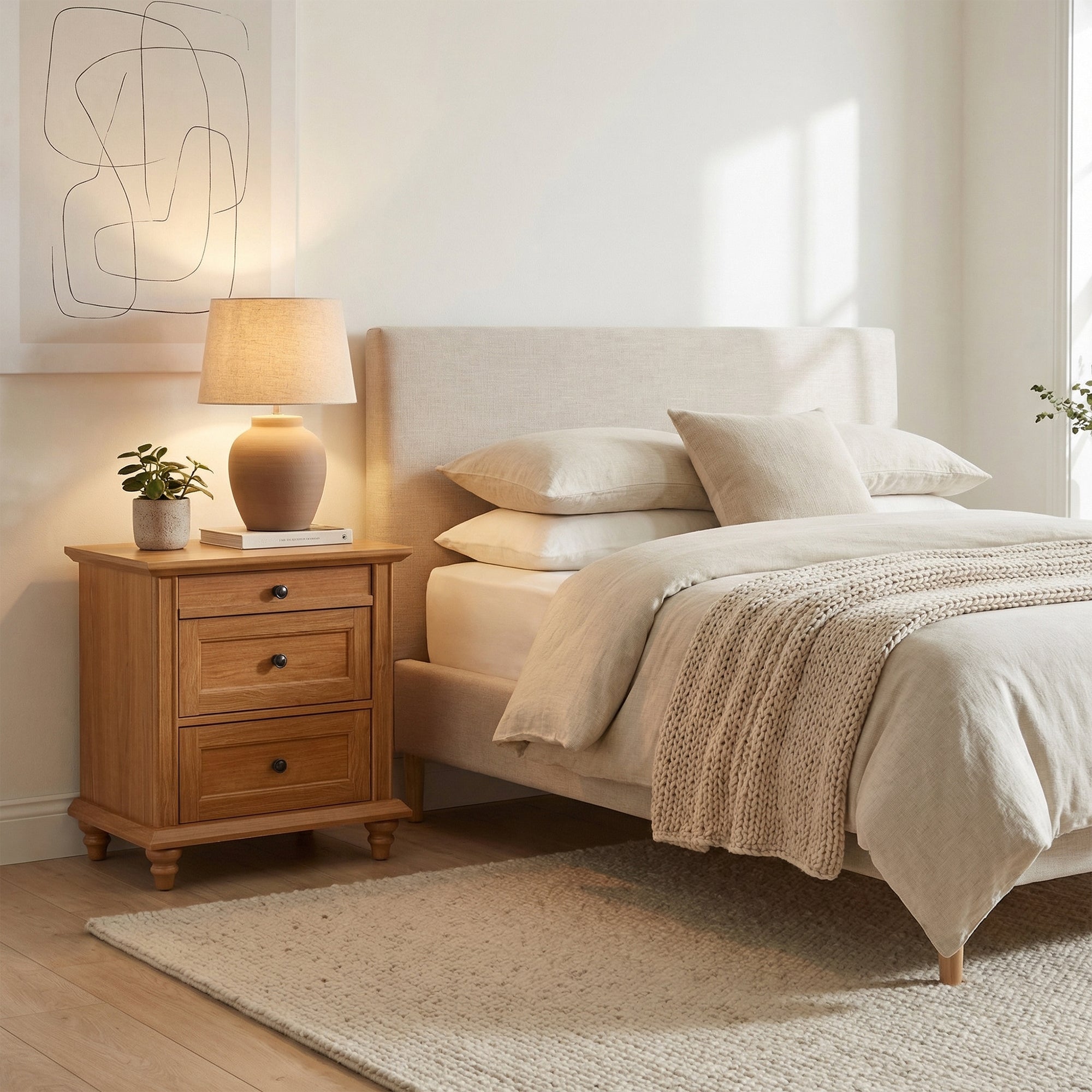 24 Inch Transitional 3-Drawer Nightstand with Solid Wood Legs