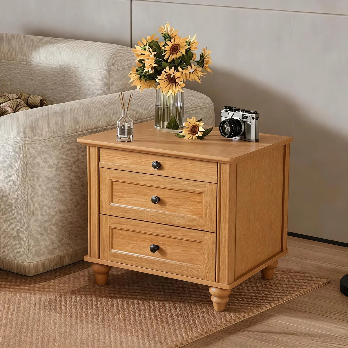 24 Inch Transitional 3-Drawer Nightstand with Solid Wood Legs