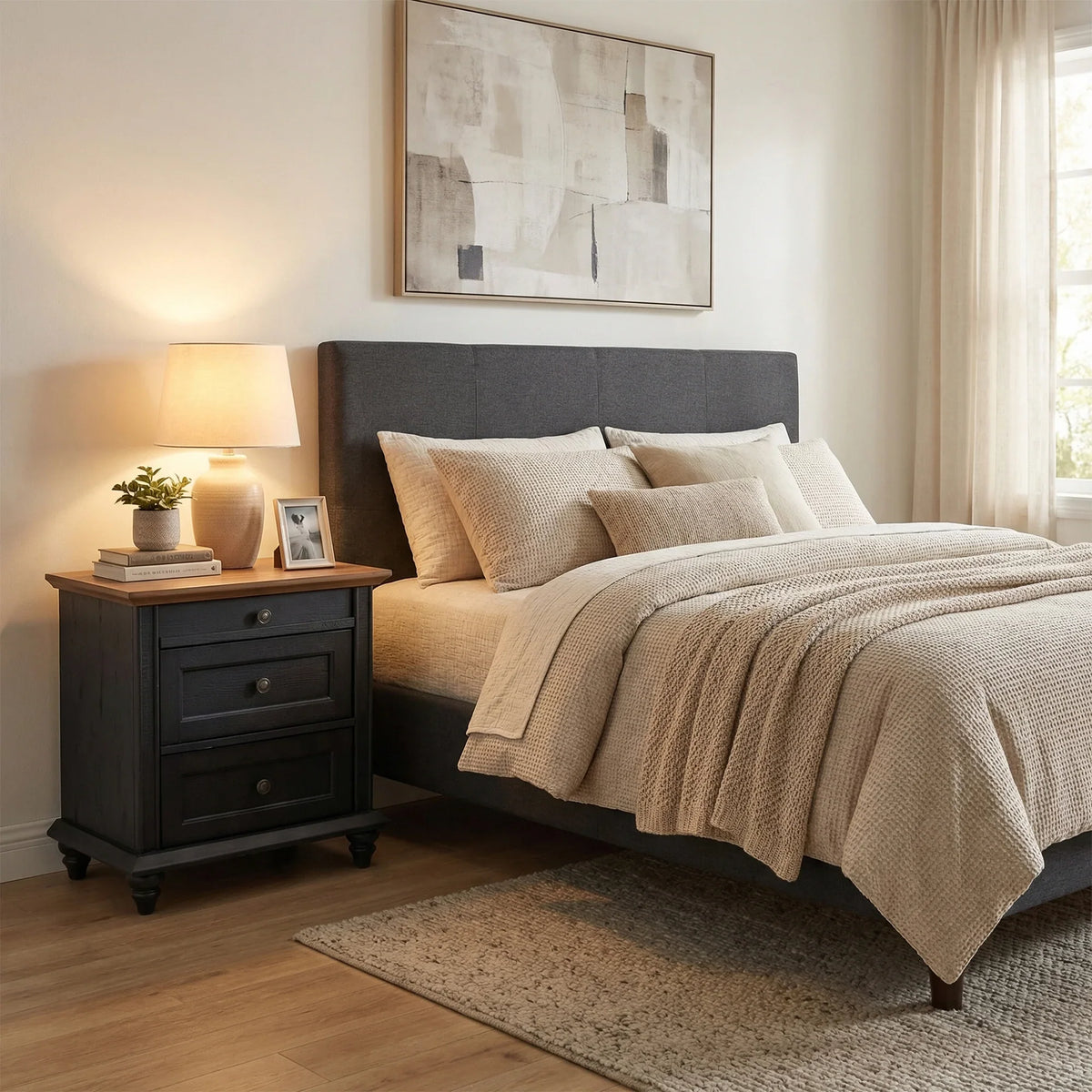 24 Inch Transitional 3-Drawer Nightstand with Solid Wood Legs