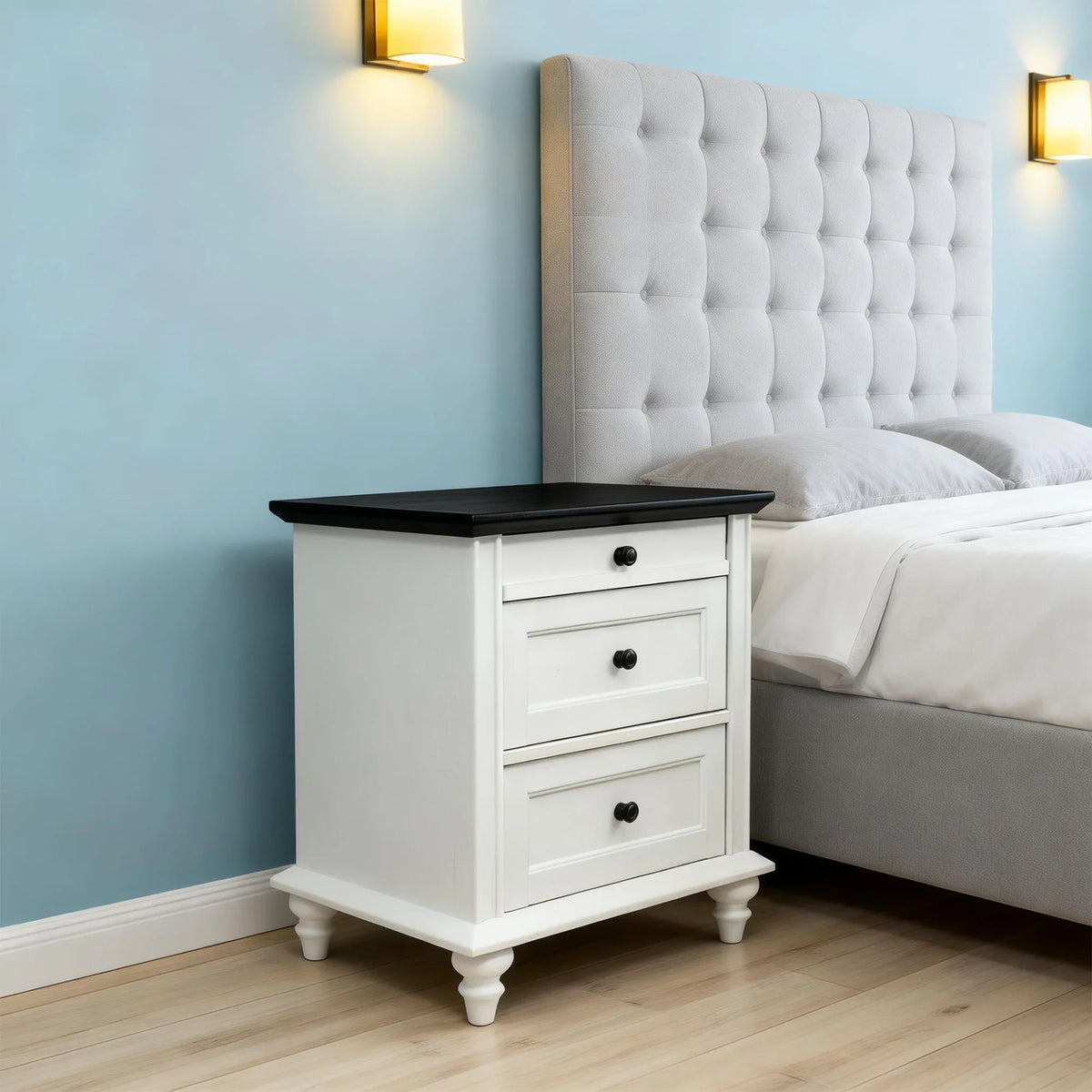 24 Inch Transitional 3-Drawer Nightstand with Solid Wood Legs