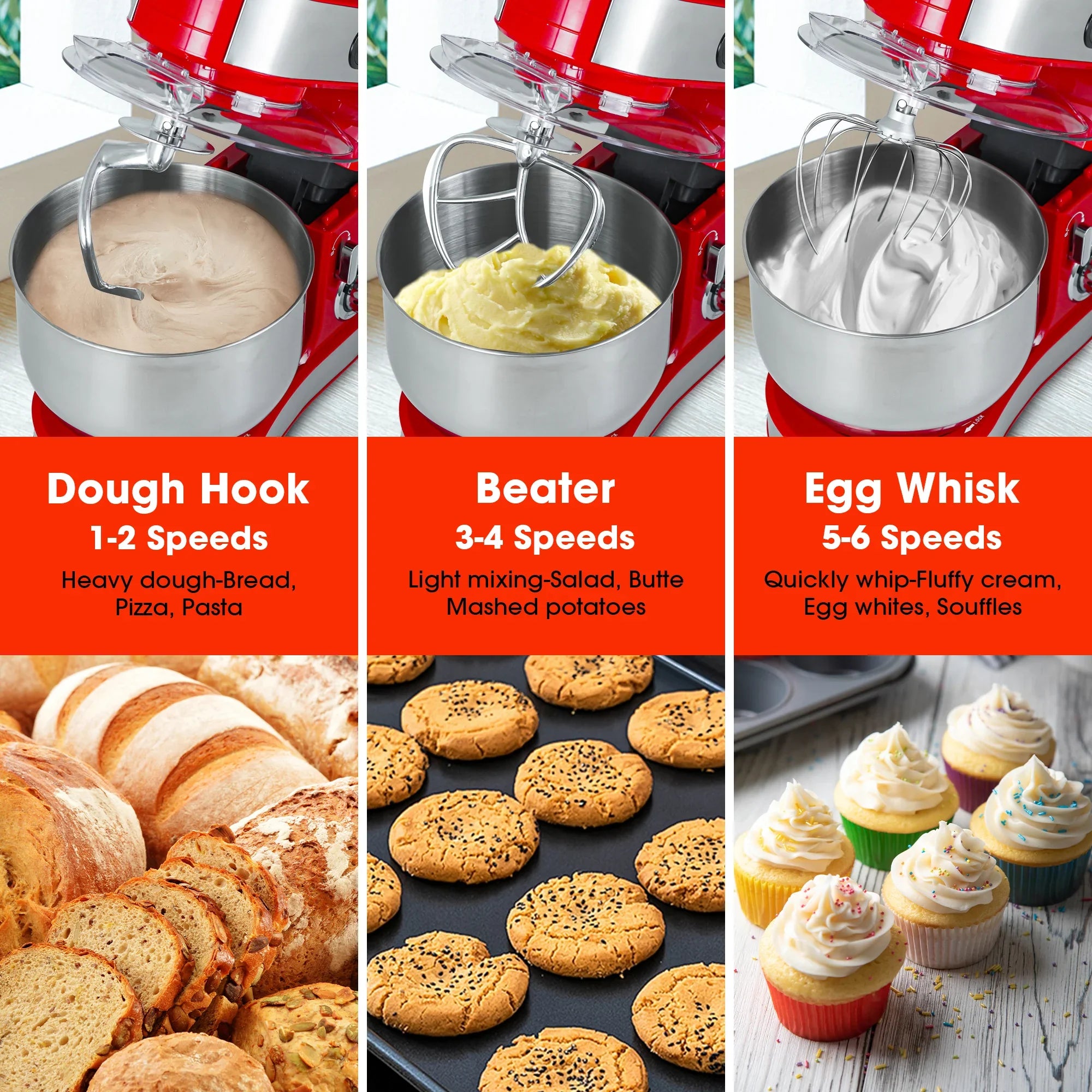Parrot Uncle Kitchen Stand Mixer with Mixing Bowl, Dough Hook, Egg Whisk & Mixing Blade