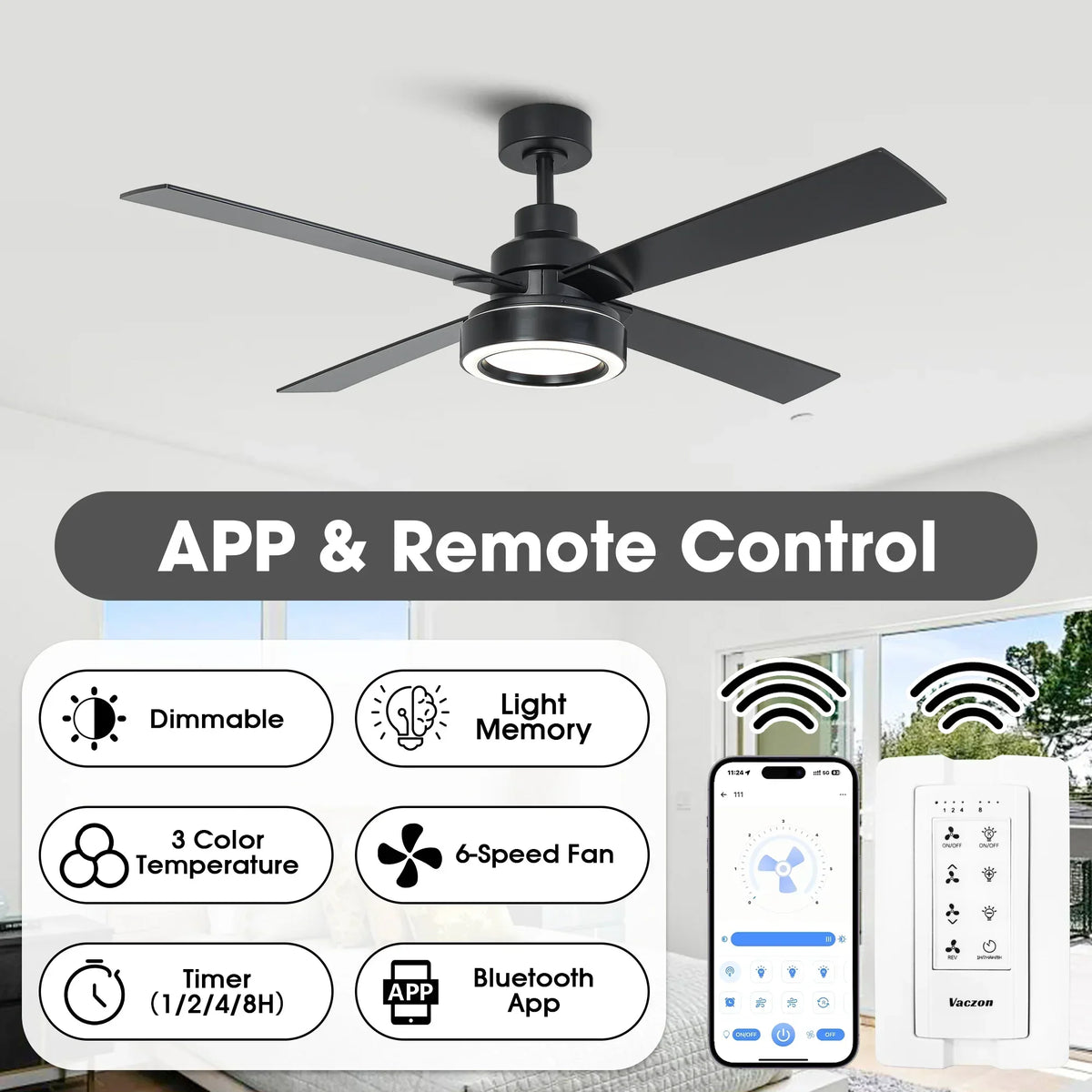 Vaczon 52 Inch 60 Inch Karen Double-sided Blades Smart Fan with LED Light