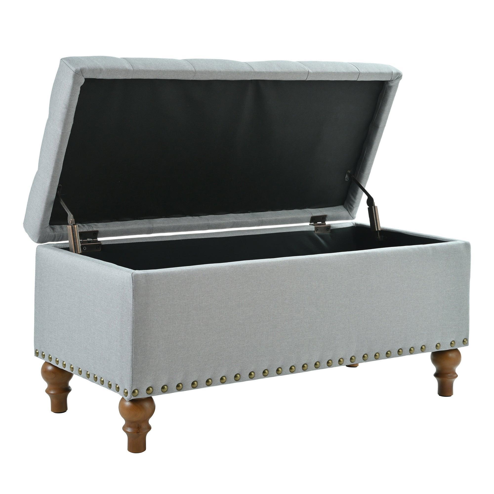 36" Ottoman Storage Bench with Recessed Support Hinge Top for Easy Opening, Rivet Trim Around, Linen