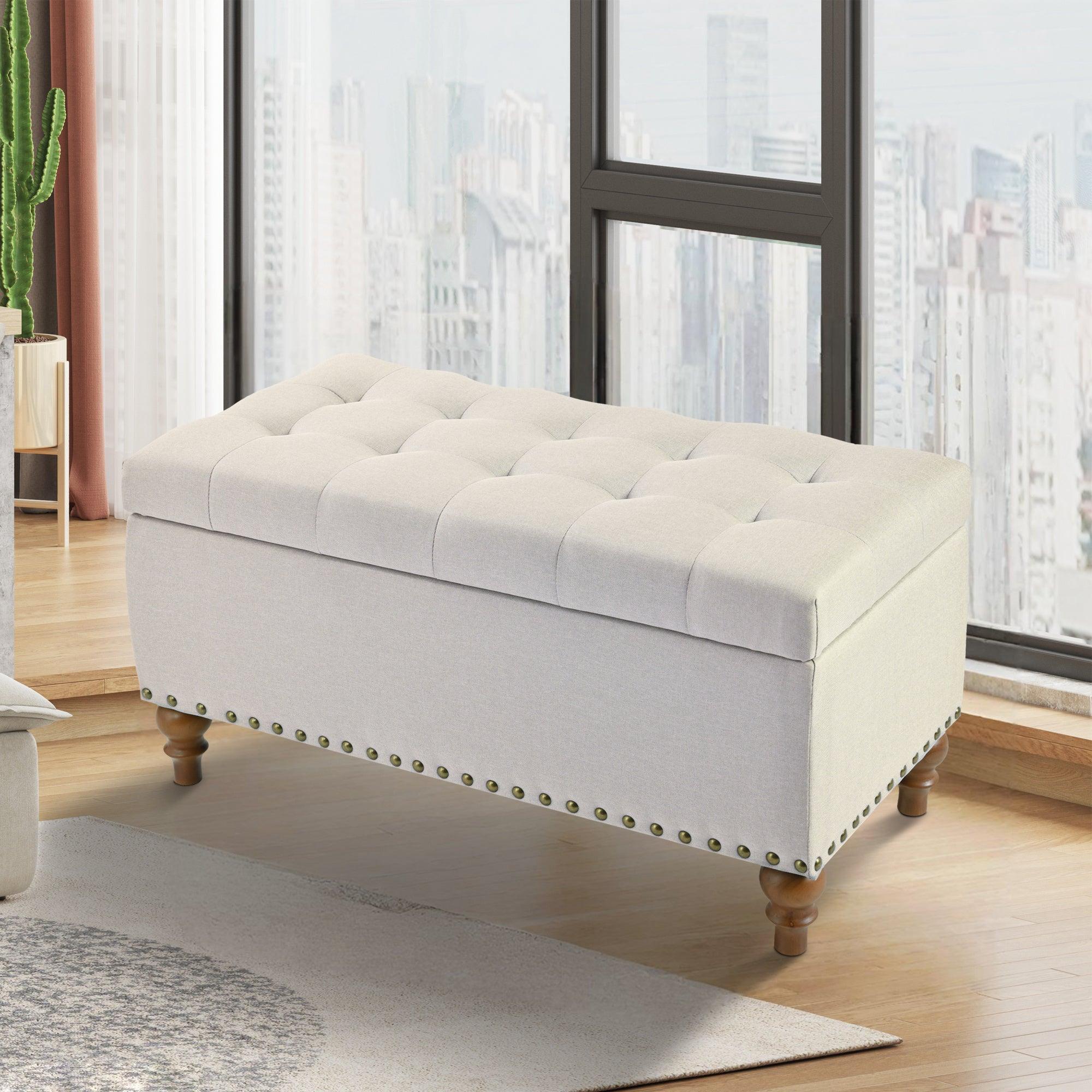 36" Ottoman Storage Bench with Recessed Support Hinge Top for Easy Opening, Rivet Trim Around, Linen