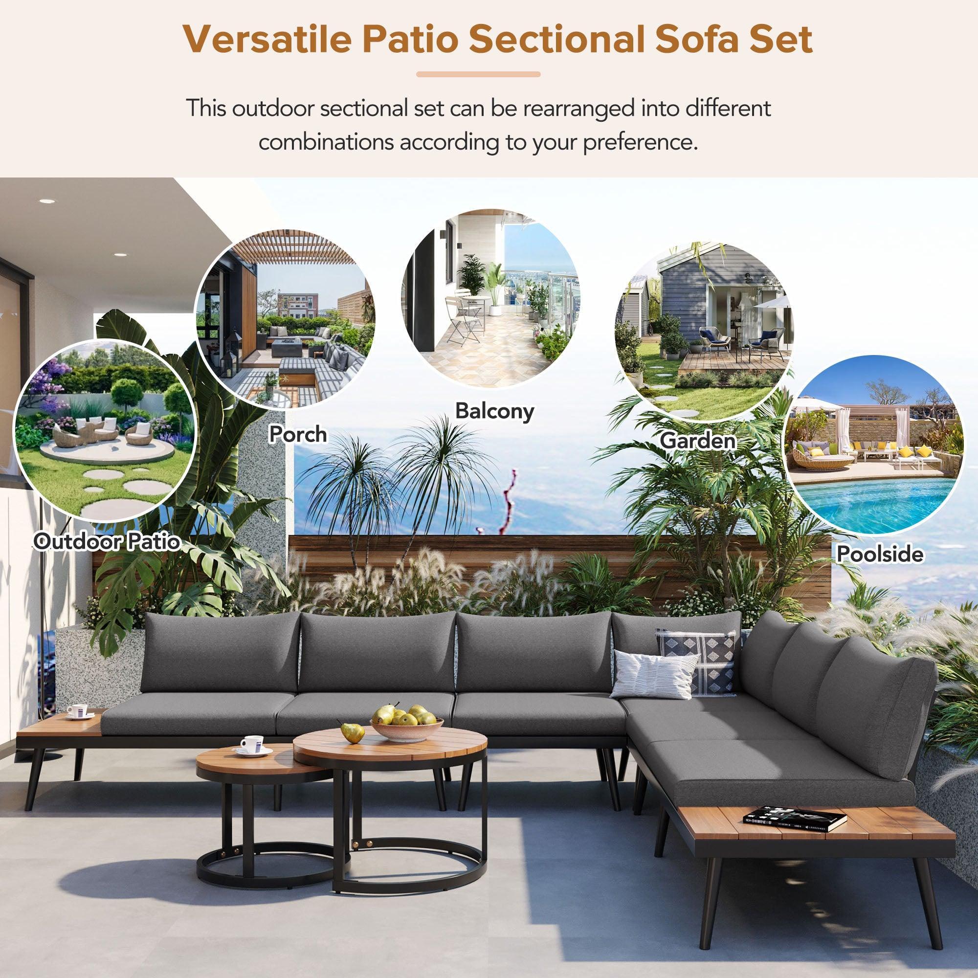 6-Piece Outdoor Sectional Sofa Set with Round Nesting Coffee Tables and Seating Sofa with Cushions for Patio, Porch and Garden