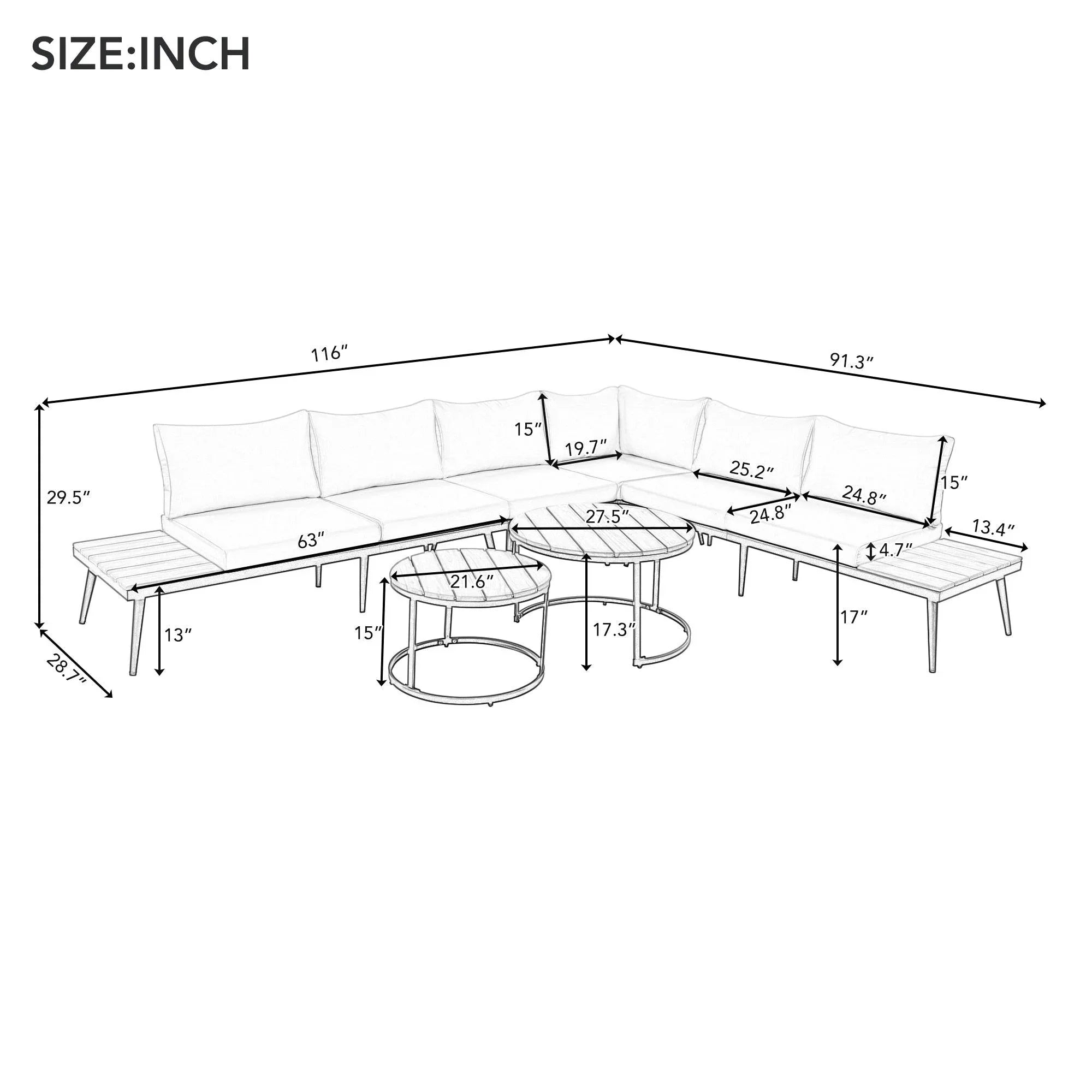 6-Piece Outdoor Sectional Sofa Set with Round Nesting Coffee Tables and Seating Sofa with Cushions for Patio, Porch and Garden