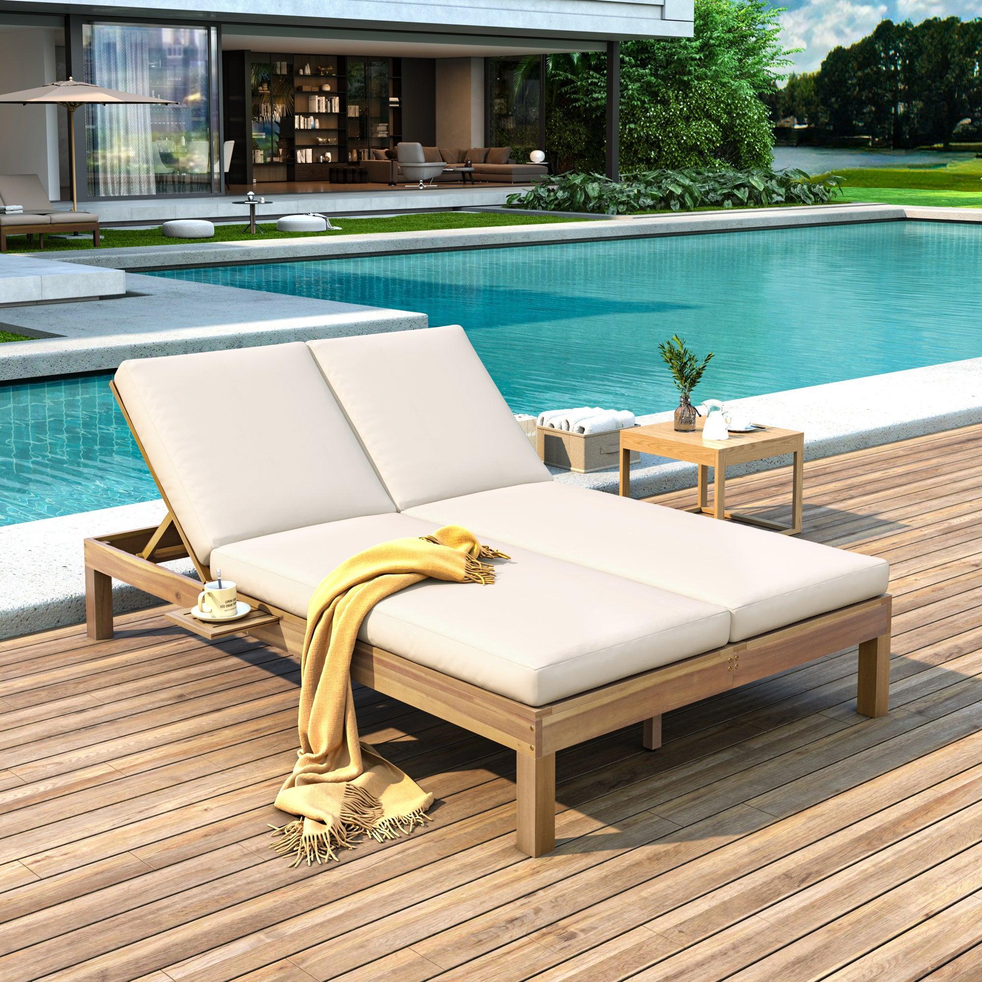 5-Position Adjustable Backrest Outdoor Chaise Lounge Daybed with Cushion and Folding Side Trays for 2 People, Poolside Garden