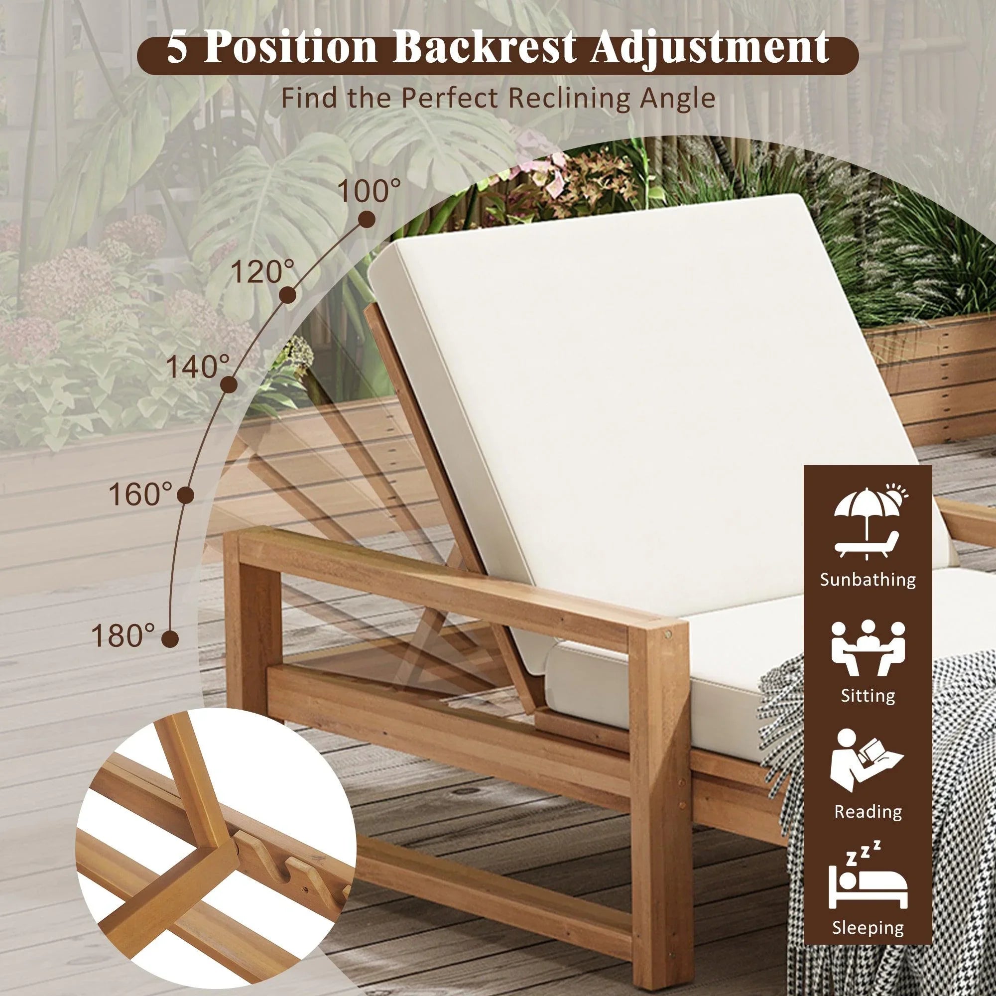 Outdoor Lounge Chairs, 5-Position Chaise Lounge Outdoor, Patio Chaise Lounge with Cushion & Adjustable Backrest, Pool Lounge Chairs for Backyard, Deck, and Lawn