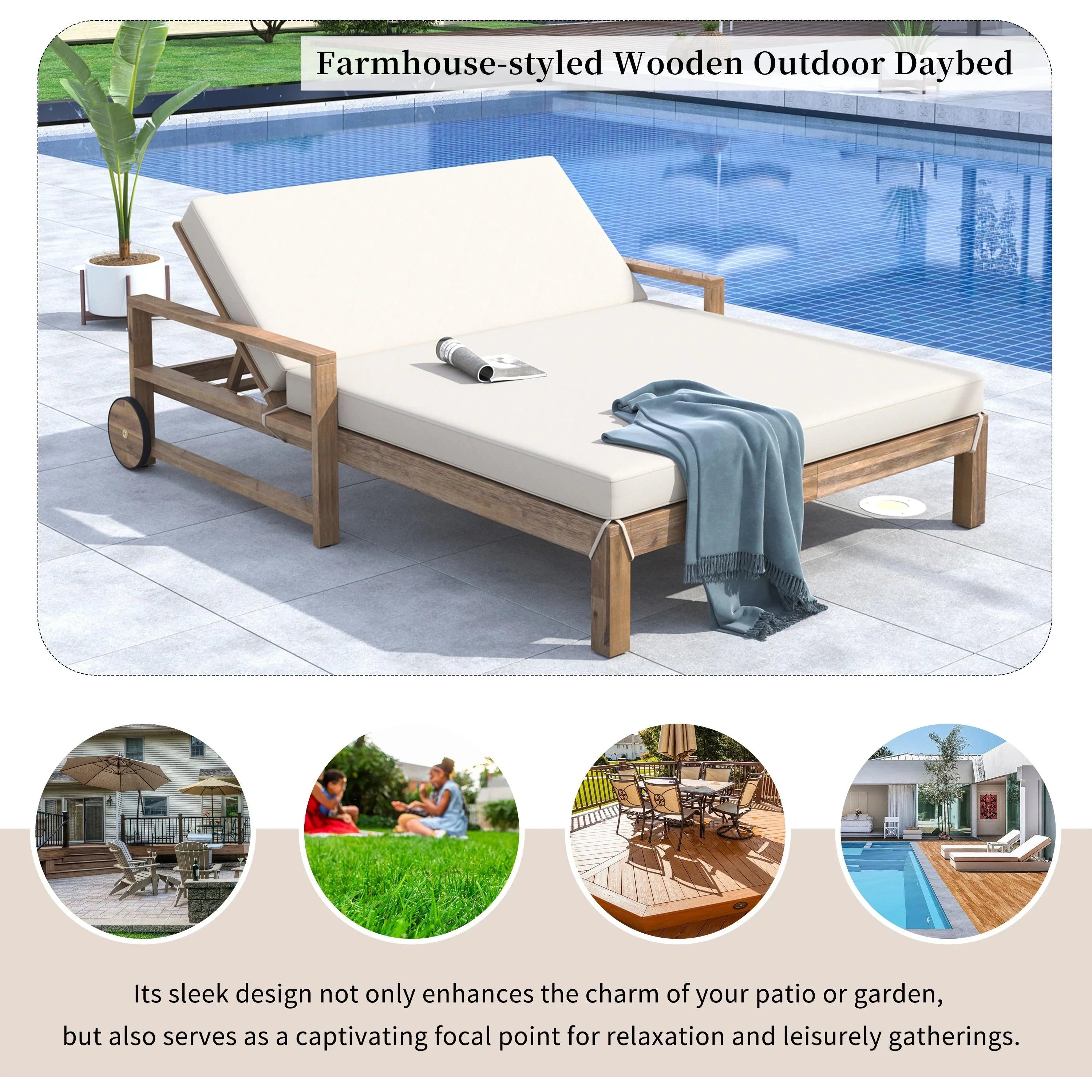 1-Piece Farmhouse-styled Wooden Outdoor Sunbed for Ultimate Relaxation, Poolside, Garden and Backyard