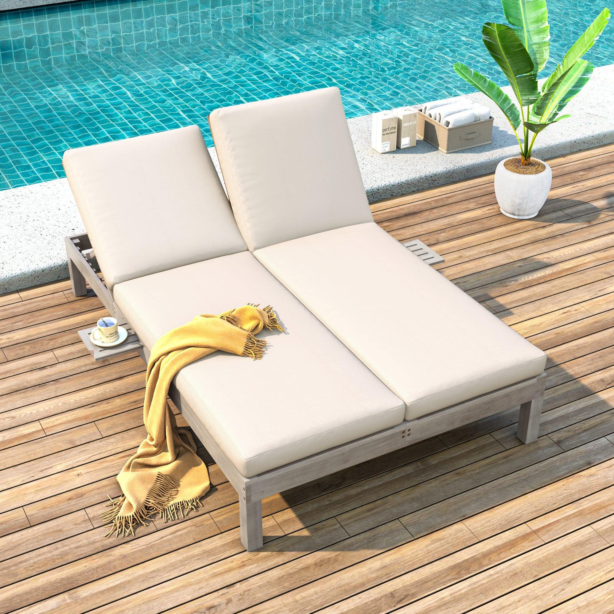 5-Position Adjustable Backrest Outdoor Chaise Lounge Daybed with Cushion and Folding Side Trays for 2 People, Poolside Garden