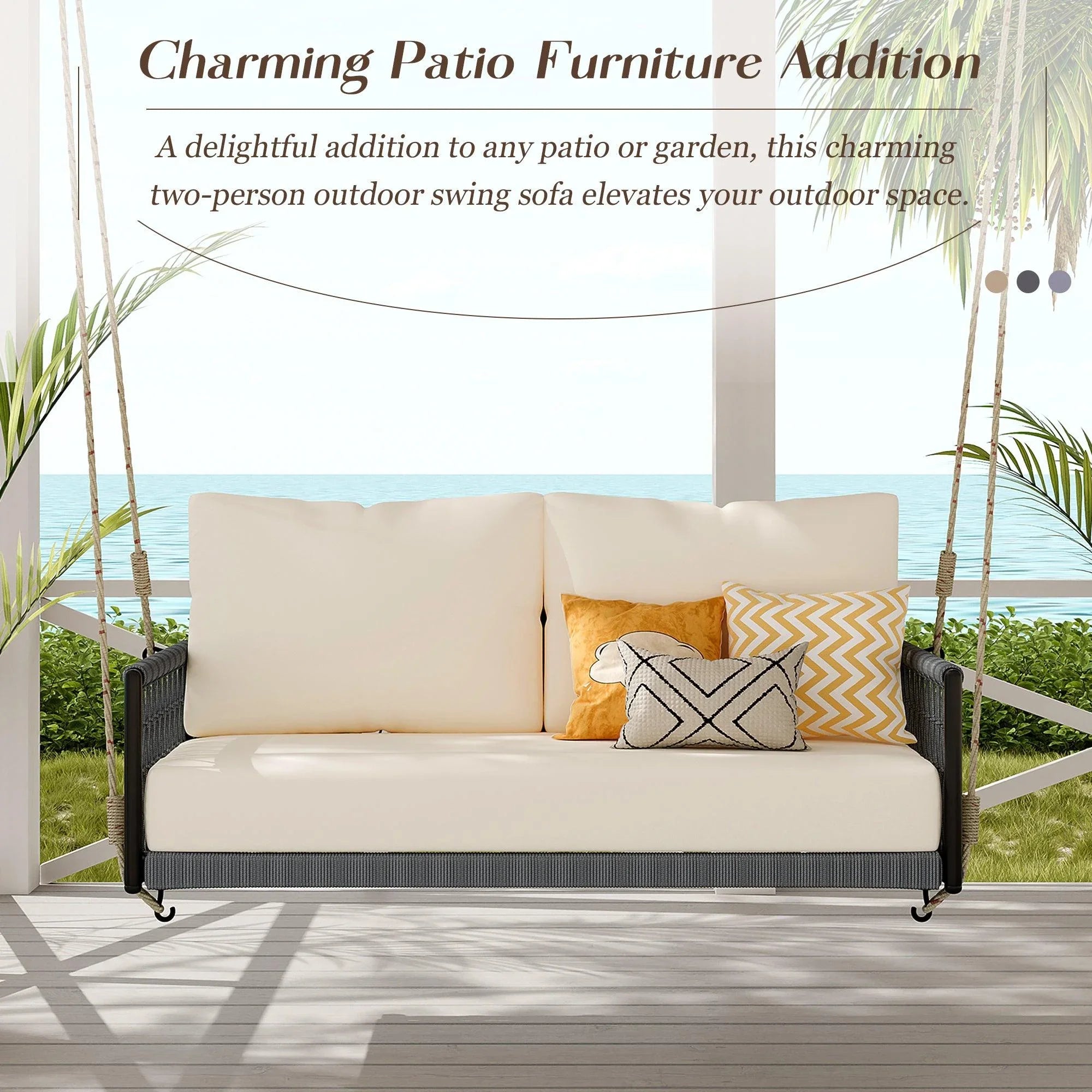 1-Piece Woven Rope Outdoor Swing Sofa with Soft Cushions Seating 2 for Patio, Courtyard and Balcony