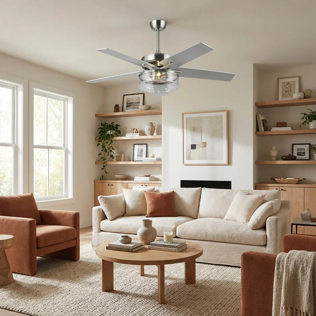 52 Inch Archer Modern Satin Nickel Ceiling Fan with Light & Remote Control